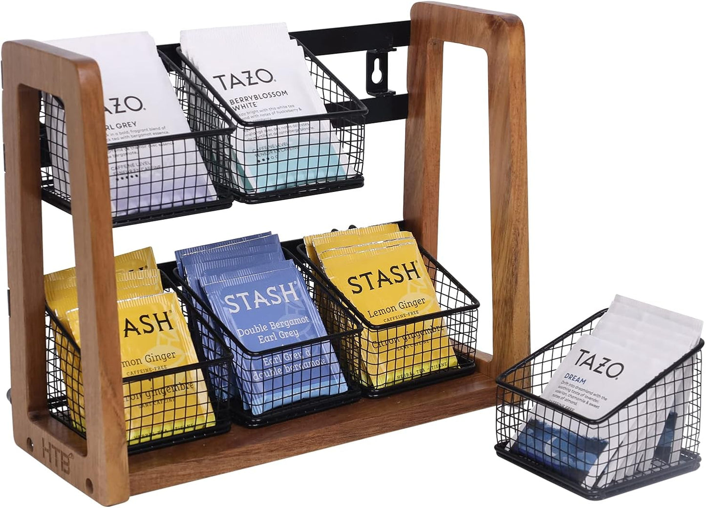 HTB 2 Tier Tea Organizer for Tea Bags, Tea Bag Holder with Acacia Wood Stand and 6 Removable Metal Basket for Sugar Packets, Sweeteners, Creamers for Cabinet, Countertop or Wall-mounted