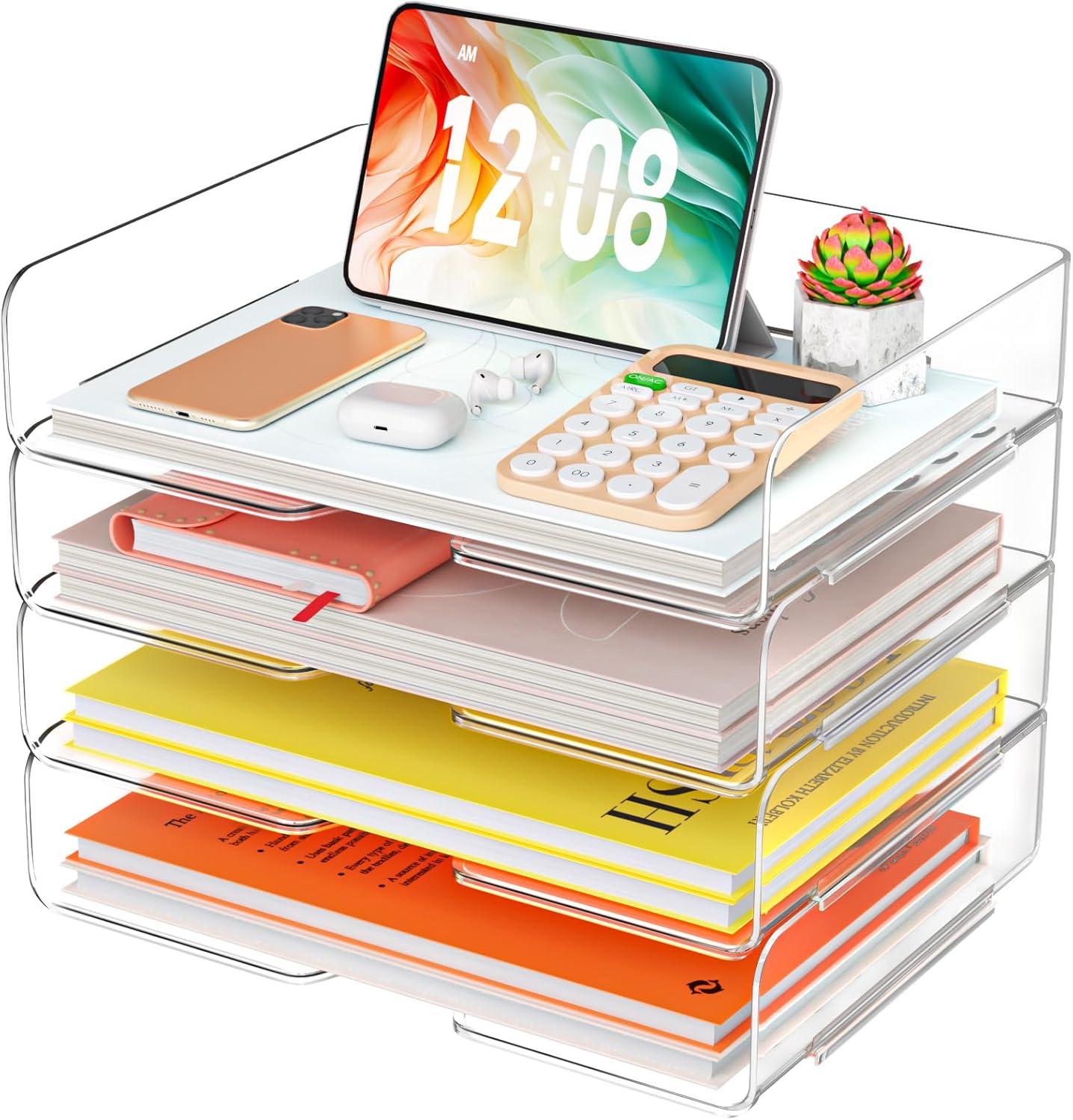 YKLSLH 4 Trays Paper Organizer Letter Tray - Acrylic Desk File Organizer, Stackable Clear Paper Holder Sorter Office Organizer for Letter/A4, Office File Ipad Books Notes Etc