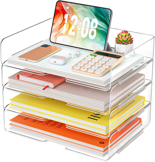 YKLSLH 4 Trays Paper Organizer Letter Tray - Acrylic Desk File Organizer, Stackable Clear Paper Holder Sorter Office Organizer for Letter/A4, Office File Ipad Books Notes Etc