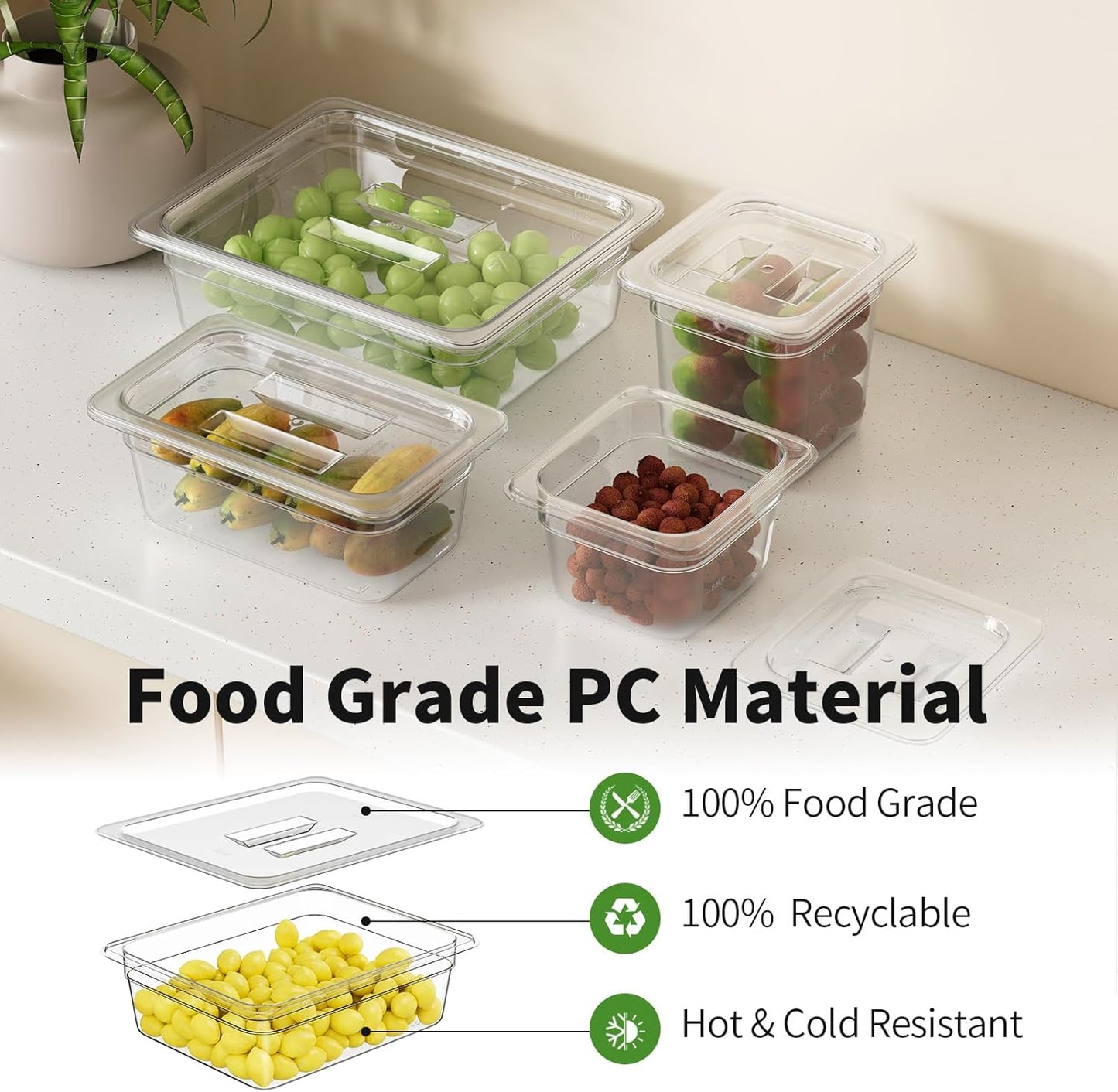 1/2 4'' 6 Pack Plastic Food Pans With Lids, Clear Food Pan, Commercial Stackable Polycarbonate Freezer-Safe for Fruits Vegetables Restaurant Kitchen