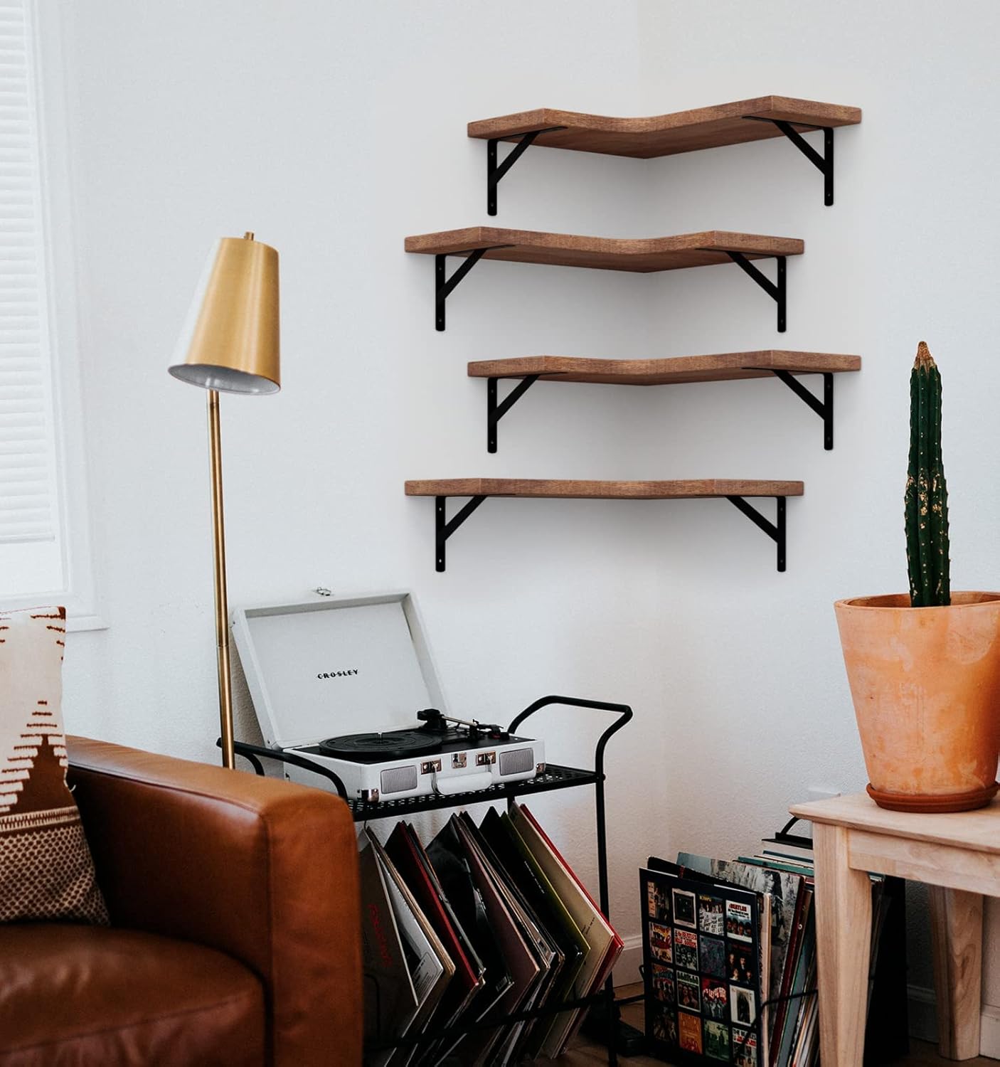 LEOPO Corner Floating Shelves Wall Mounted Set of 6, Corner Wall Shelves Rustic Wood Storage Display for Home Decor, Bedroom, Living Room, Kitchen, Office, Bathroom, Laundry Room, Reddish Brown