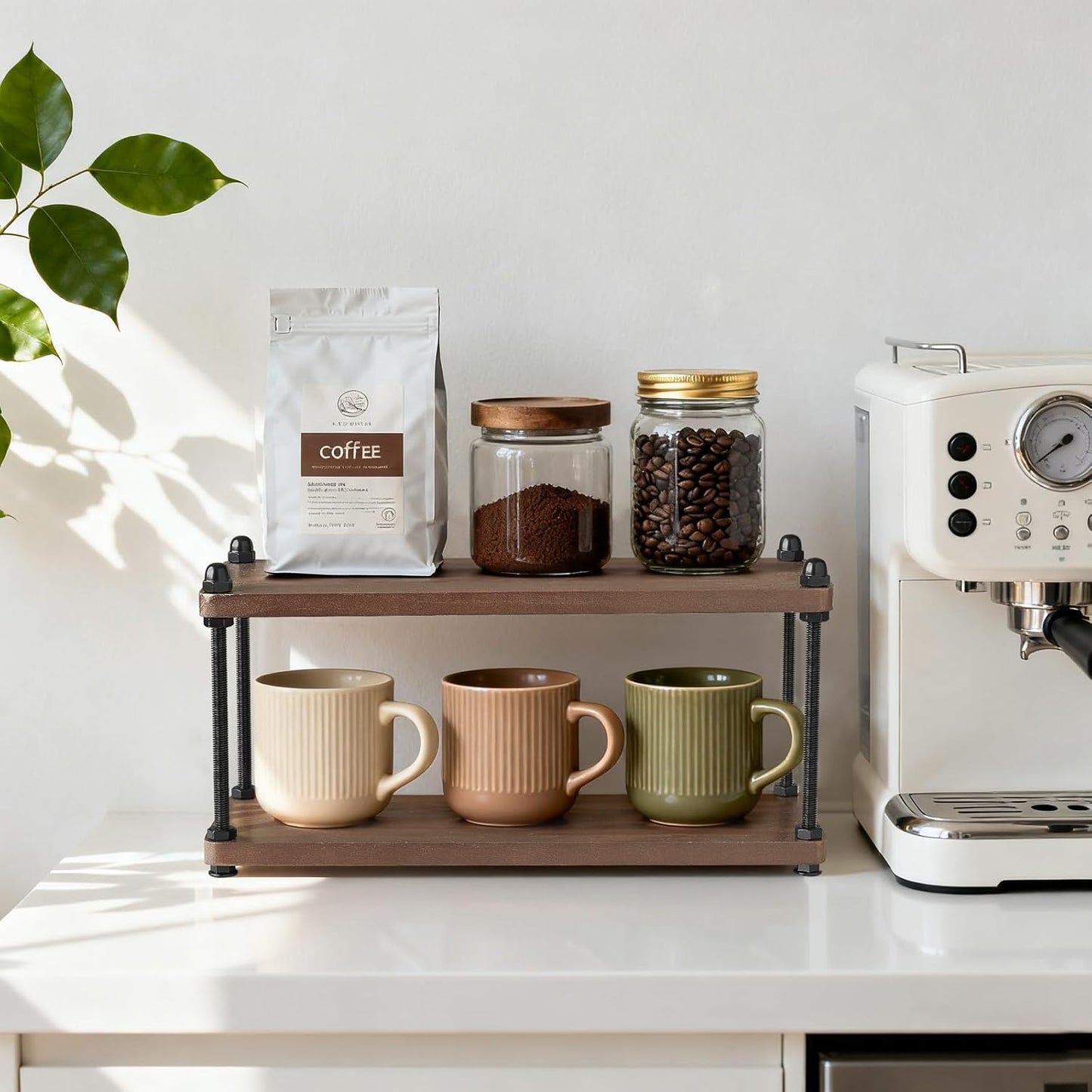 Mkono Coffee Station Organizer Wooden Mug Holder for Countertop Cup and Mug Shelf for Coffee Bar Accessories Rustic Matcha Stand 2 Tier Storage and Display Rack for Tea Cups Kitchen Office