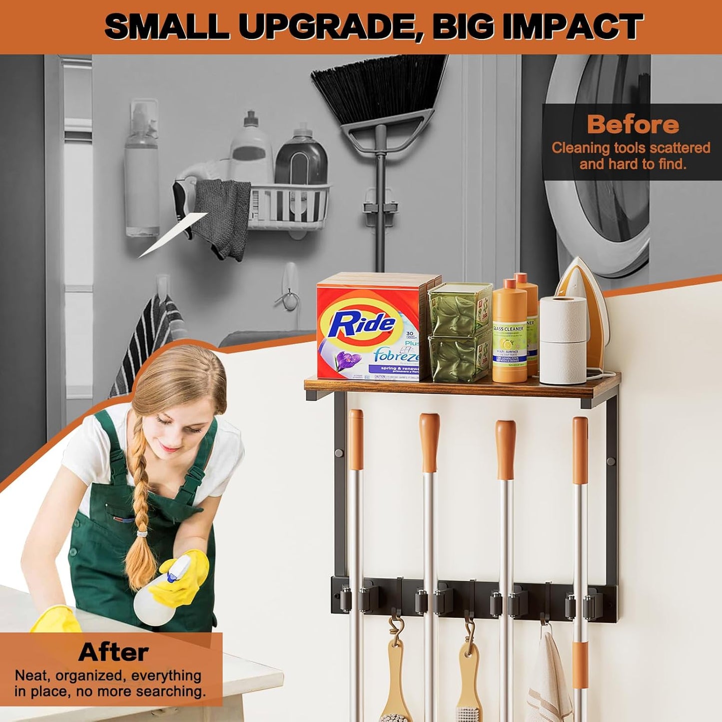 Broom Holder Wall Mount with Cleaning Supplies Organizer, Laundry Room Organization and Storage Shelves, Mop Hanger Broom Rack with Hooks, Home Improvement Kitchen Shelf Garage Organizer
