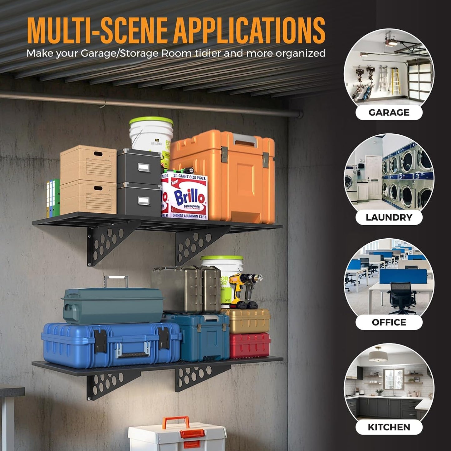 2 Pack 1,5x4ft Heavy Duty Garage Wall Shelving, Garage Shelving Wall Mounted, Storage Rack with Hooks (Black)