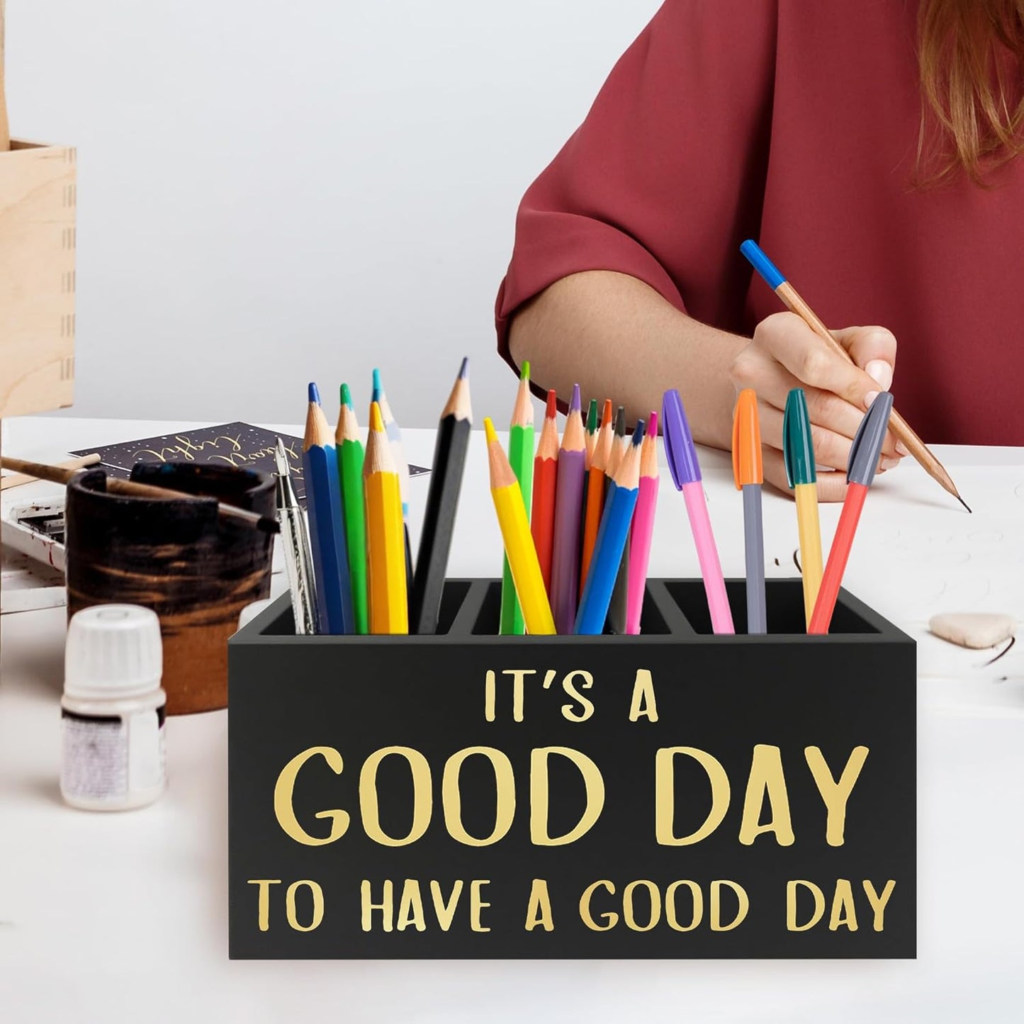Inspirational Office Pen Pencil Holder Organizer for Desk, It's a Good Day to Have a Good Day Positive Wooden Box Signs Decorations for Home Office Desk Tabletop, Motivational Gifts for Women