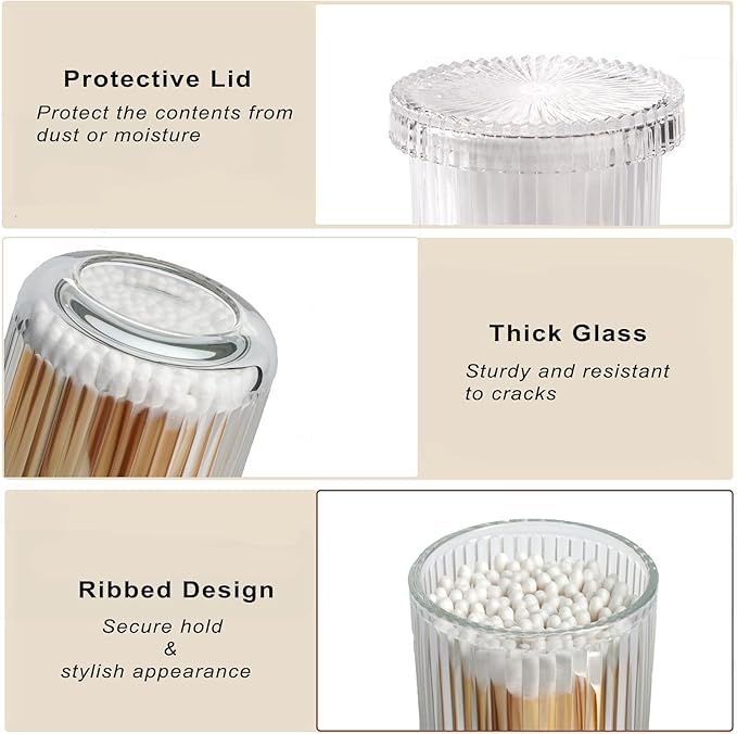 2 Pack Glass Qtip Holder Dispenser Set - Bathroom Organizer for Cotton Swabs, Balls, Pads, Floss Picks - Clear Apothecary Jars for Vanity, Makeup Storage, Bathroom Accessories Decor (Clear)