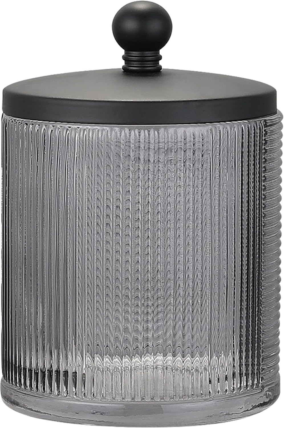Gray Colored Tranlucent Apothecary Ribbed Geo Etched Glass Jar W/Matte Black Metal Lid Cover for Bathroom Organization, Cotton Balls, Q Tips, and Small Accessories, Bathroom Storage