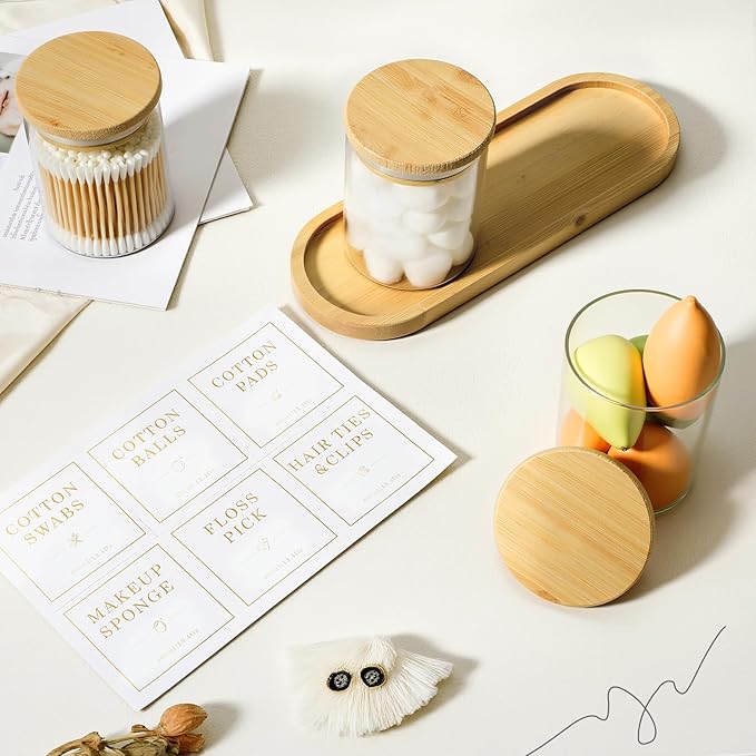 Luxspire Glass Qtip Holder with Vanity Tray, 3 Pack Cotton Swab Holder with Bamboo Lid, 13.4 oz Glass Apothecary Jars Bathroom Accessories Canisters for Cotton Swabs, Balls, Pads, Floss Picks