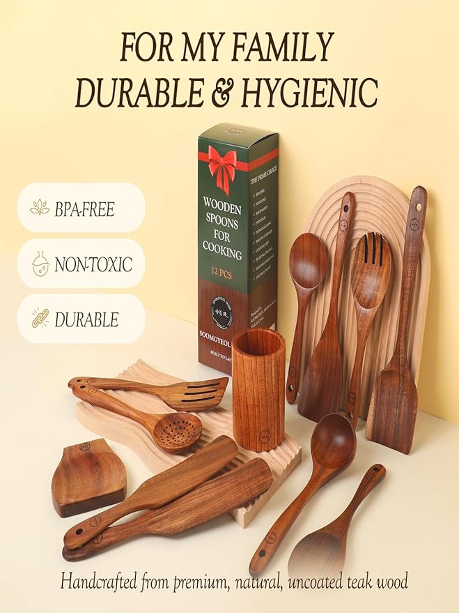 100% Natural Teak Wood Wooden Utensil Set – 12 Pcs Cooking Tools with Large Spoon Holder & Rest – Non-Stick, Heat Resistant, Durable, Food-Safe & Eco-Friendly Kitchen Gadgets