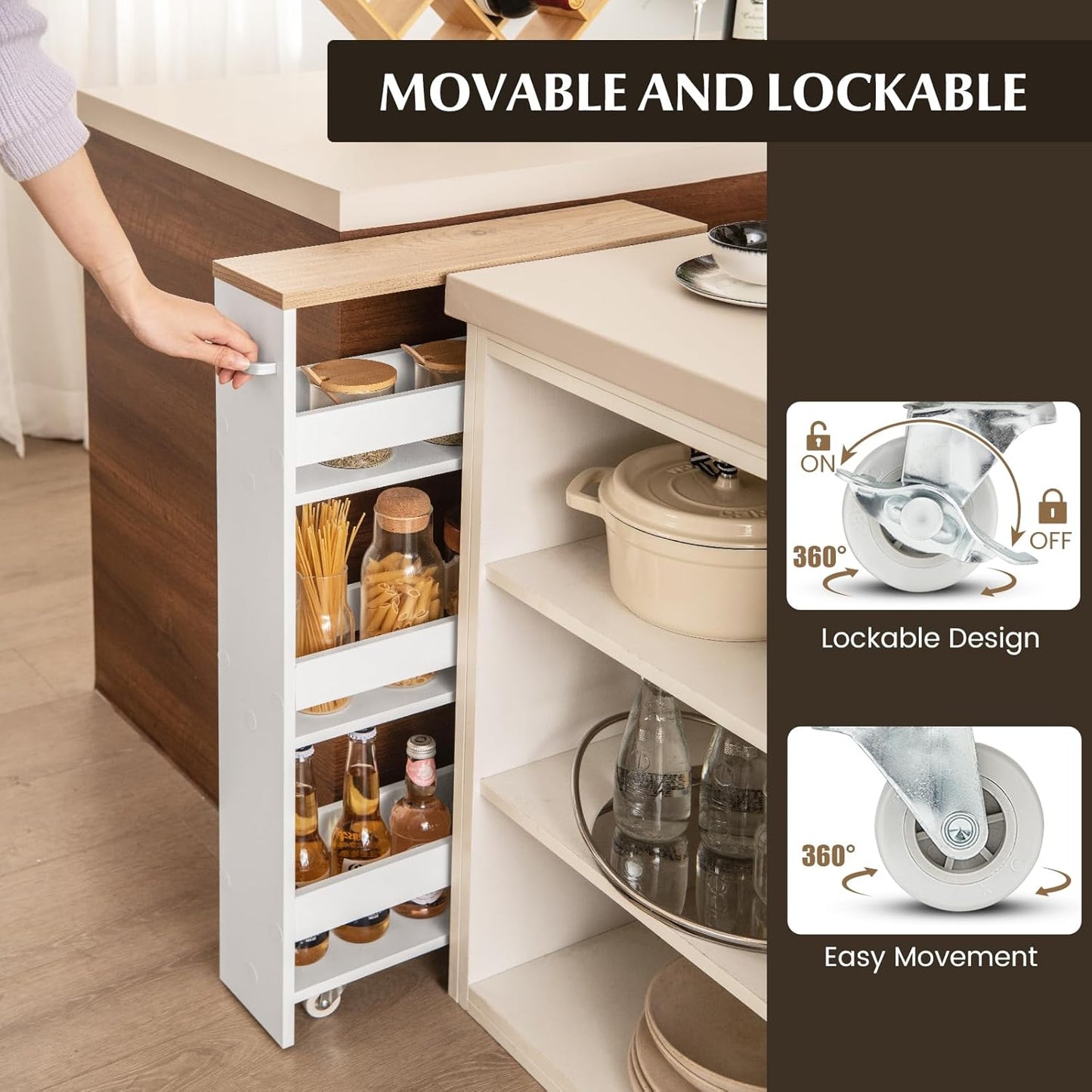 LOKO Slim Storage Cart, 4-Tier Rolling Cart with Handle & Wooden Top for Kitchen Bathroom Laundry Living Room Narrow Small Spaces, 5 Inches Width (White & Natural)