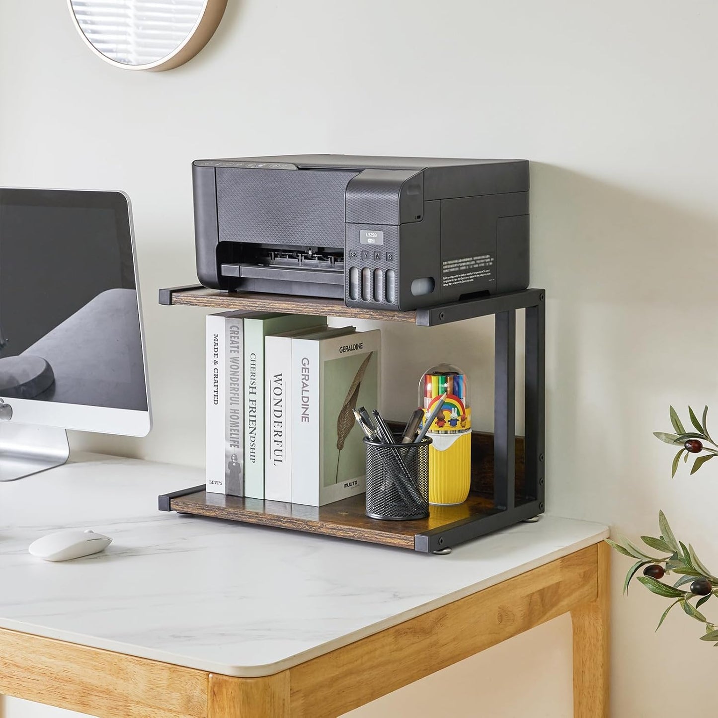 IBUYKE Under Desk Printer Stand,2 Tier Printer Cart,Mobile Home Desktop Organizer Shelf with 4 Wheels,for Fax, Home Office Use，Rustic Brown UTLJ007H