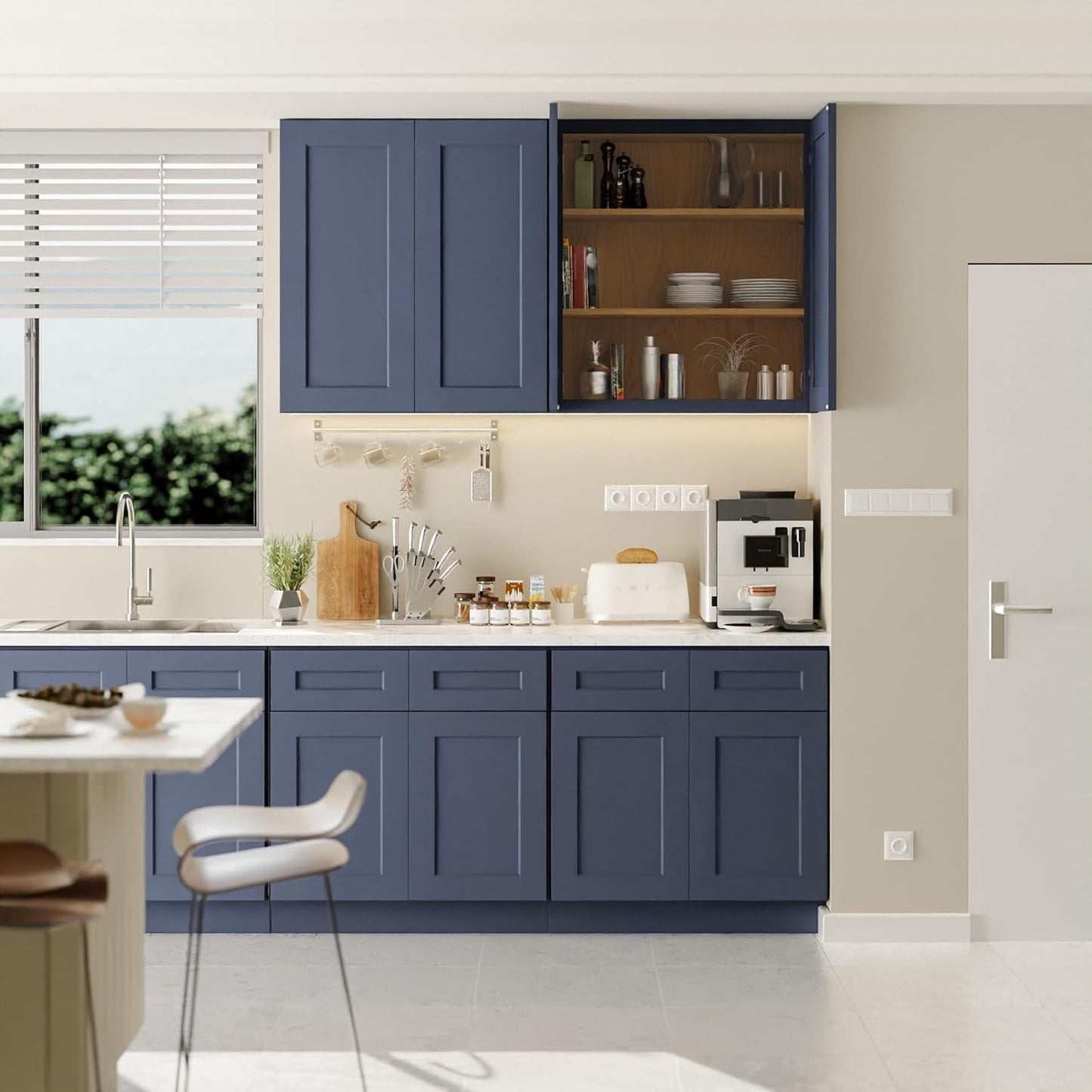 33 Inch Laundry Room Cabinets Wall Mounted, Solid Wood Over The Toilet Storage Cabinet, Bathroom Organizer Cabinets with 2 Shaker Door & Shelves, Easy to Assemble for Kitchen, Garage - Blue