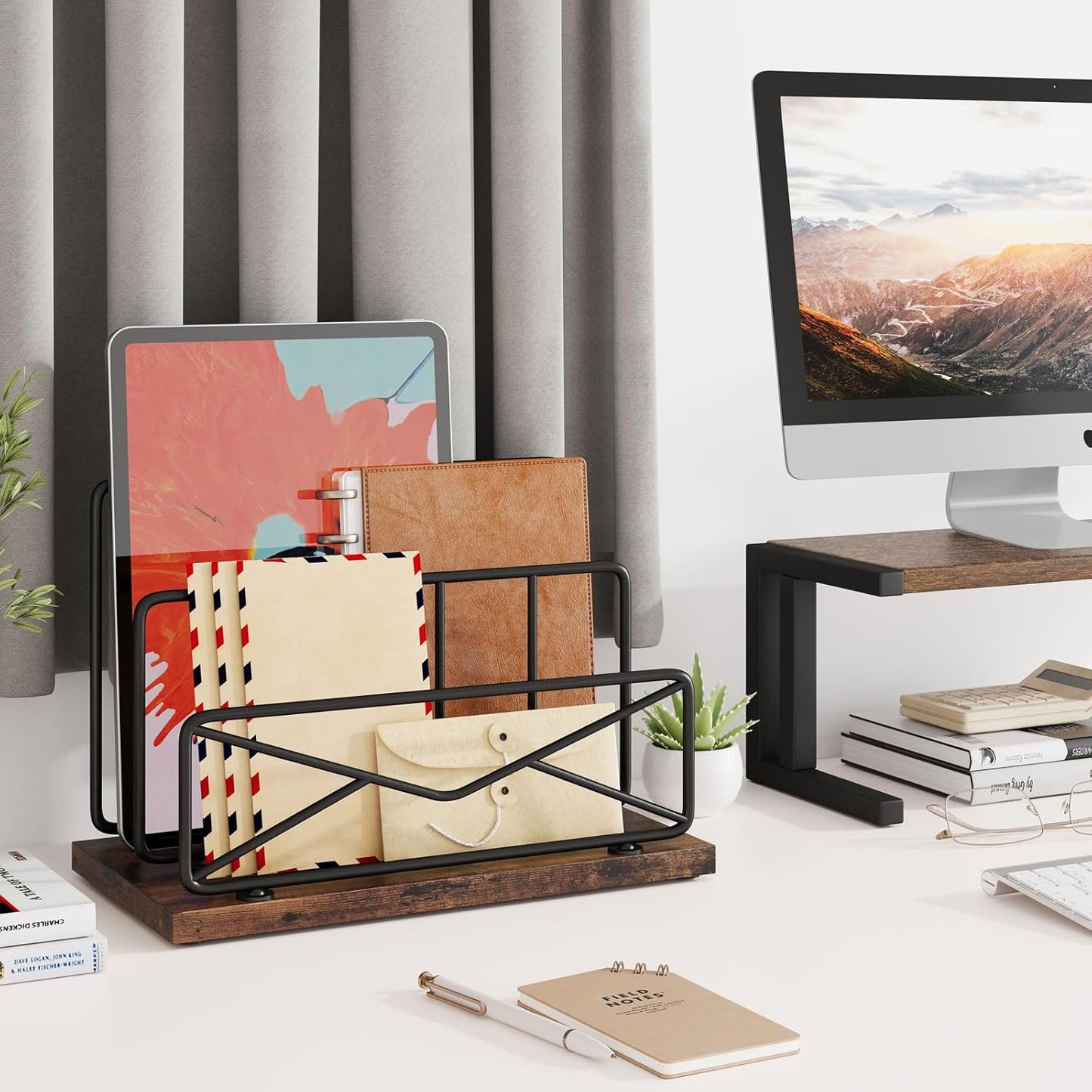 Desk Mail Organizer-with 2 Slot Matte Black Metal Desktop Mail Sorter Metal Storage File Holder Letter Sorter Organizer for Home or Office Desktop