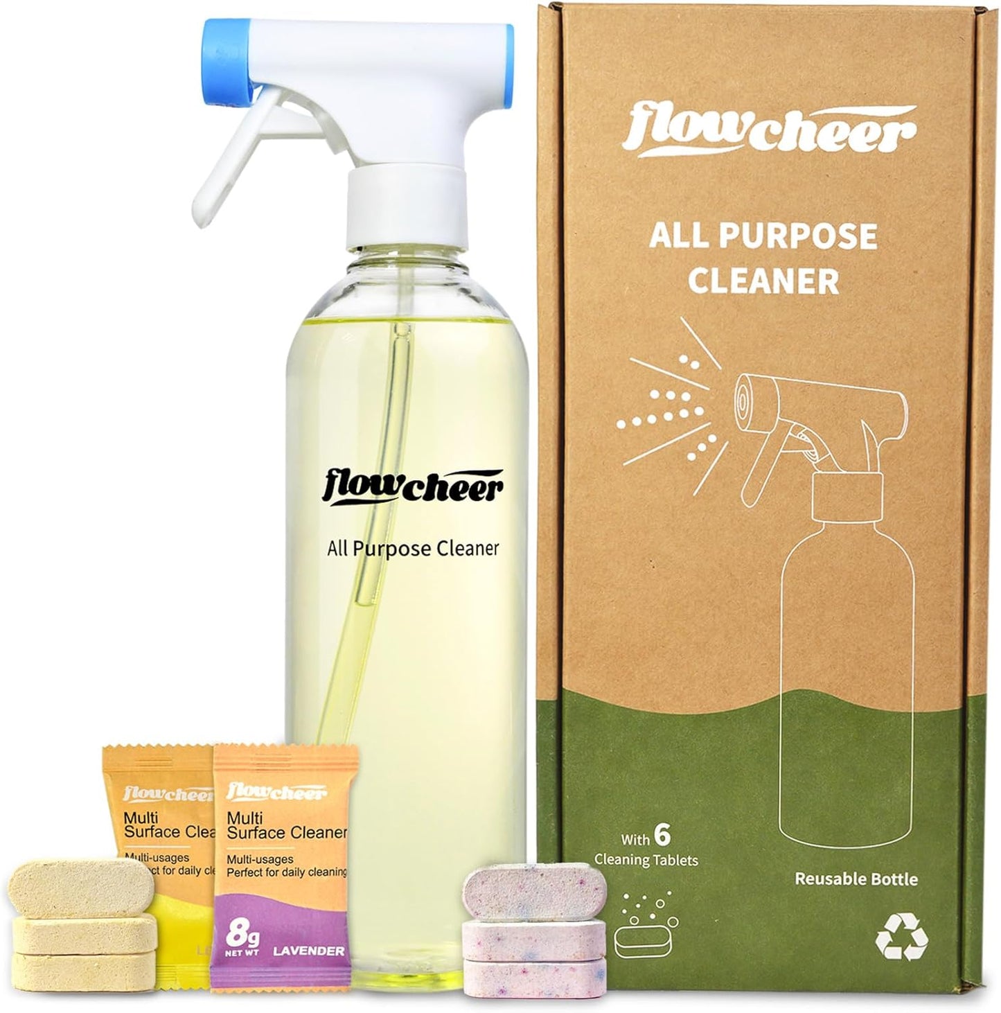 Multi-Purpose Cleaner Starter Kit-Lavender and Lemon Scent all purpose cleaner concentrate,cleaning tablets (6 Refill tablets) with Reusable Spray Bottle Multi-Surface Cleaner, 6x17fl oz