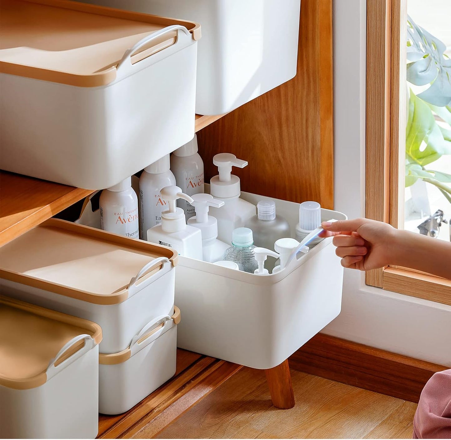 ANMINY 8PCS All-in-One Lidded Plastic Storage Bins Set White Desk Basket Box Drawer Organizer Kitchen Food Container with Handles Removable Lids Decorative Clothes Laundry Closet Cabinet Shelf Cube