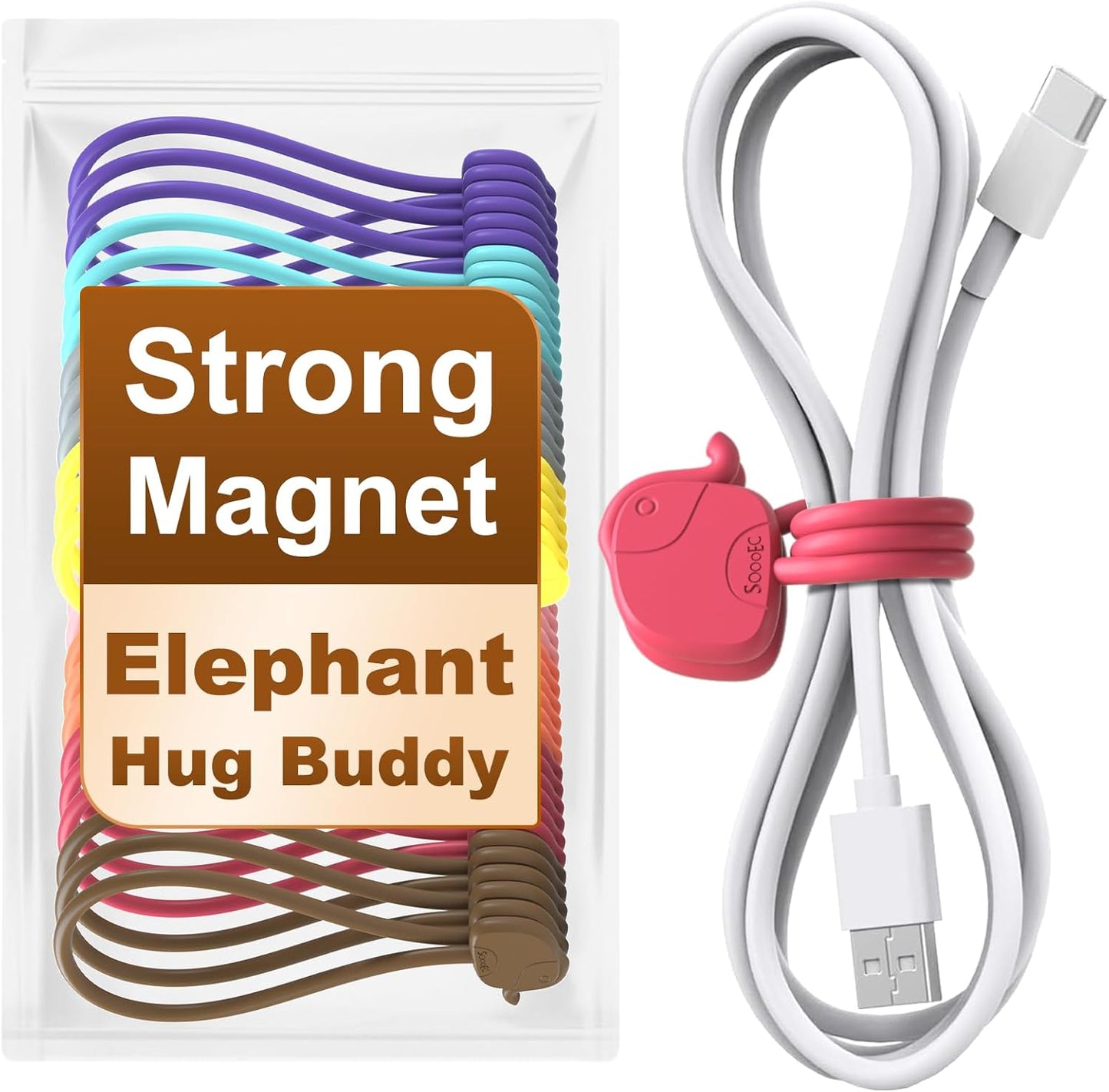 Charming Elephant Magnetic Cable Ties – 24 Pack, Reusable Silicone Cord Organizers for Home & Office, Strong Magnetic Hold, Assorted Colors, Perfect for Cable Organization & Decorative Gift