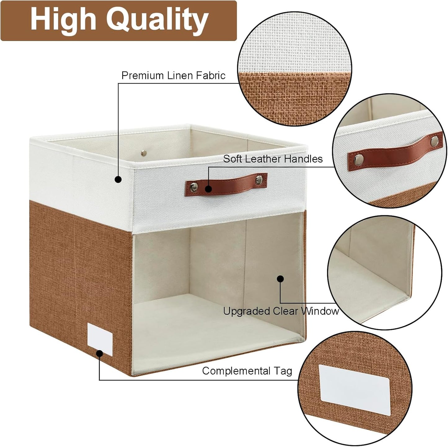 Storage Cubes, 4 Pack Linen Foldable Storage Bins (13 x 13 inch) with Clear Window and Handles, Fabric Organizer for Shelf Closet, Clothes, Books - (Brown and White)