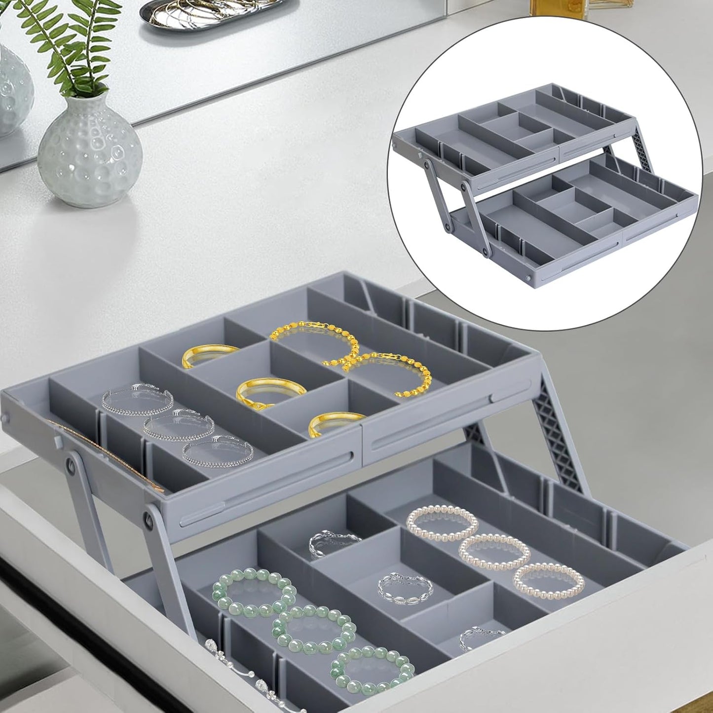 2/3 Tier Smart Collapsible Drawer Organizer,Multi Level Stacking Folding Junk Organizer, Foldable Expandable Pop up Tray, Expanding Multilevel Triple Desk Space Organizer (1 Row 2 Tier)
