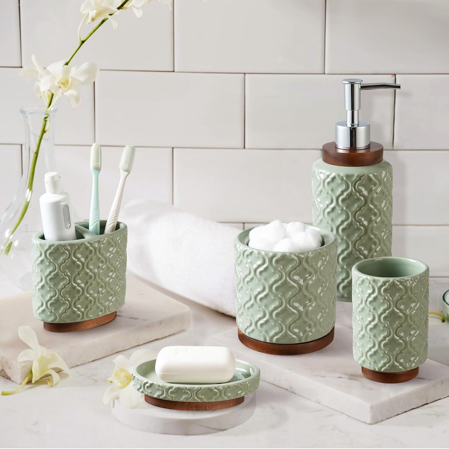 Bathroom Accessories Set 5 Pieces Toothbrush Holder Soap Dispenser Ceramic Bathroom Accessory Set Contain Cotton Swab Jar Toothbrush Cup Soap Dish Tumbler Green