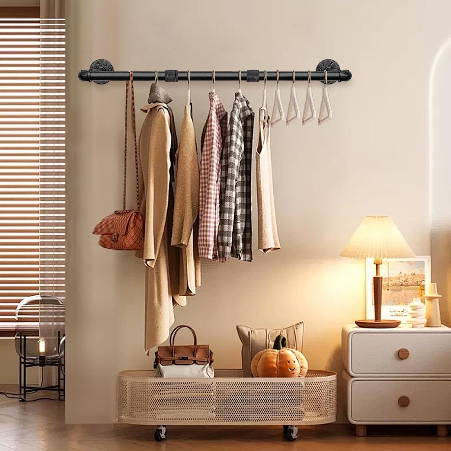 Industrial Iron Pipe Clothes Hanging Bar DIY Wall-Mounted Garment Rack Heavy Duty Clothing Rack for Bedroom, Laundry Room, Closet Storage (Black 36 inch)