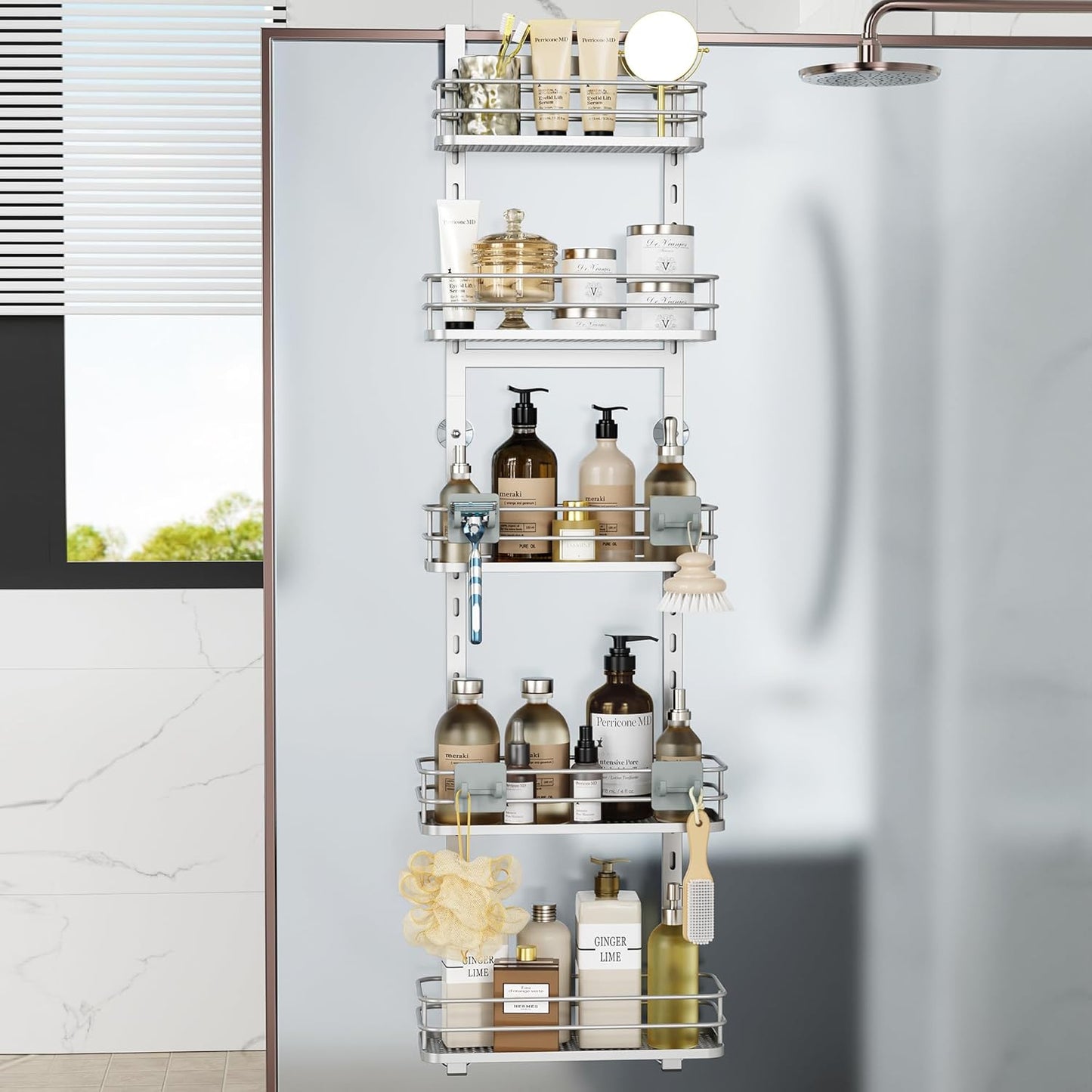 Orimade Over the Door Shower Caddy Adjustable 5 Tier Silver,Bathroom Hanging Organizer Shelf Rustproof with 4 Hooks,Shower Basket with Soap Holder and Suction Cup Bathroom