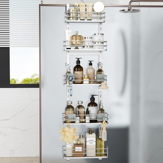 Orimade Over the Door Shower Caddy Adjustable 5 Tier Silver,Bathroom Hanging Organizer Shelf Rustproof with 4 Hooks,Shower Basket with Soap Holder and Suction Cup Bathroom