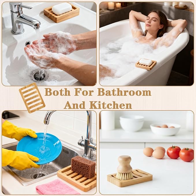Sibba Teak Wood Soap Dish Bamboo Soap Holder 2 Pack Wood Bar Soaps Holder Waterproof Self Draining Soaps Dish Natural Wooden Trays for Shower Bathroom Kitchen Bathtub