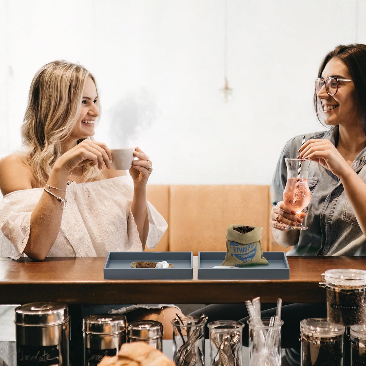 BBK Bathroom Vanity Tray 7.8 in - 2 Pack(Small) Silicone Bathroom Tray for Counter, Perfume Key Trinket Ring Tray, Decor Soap Dispenser Countertop Tray for Kitchen Sink Organization (Gray)