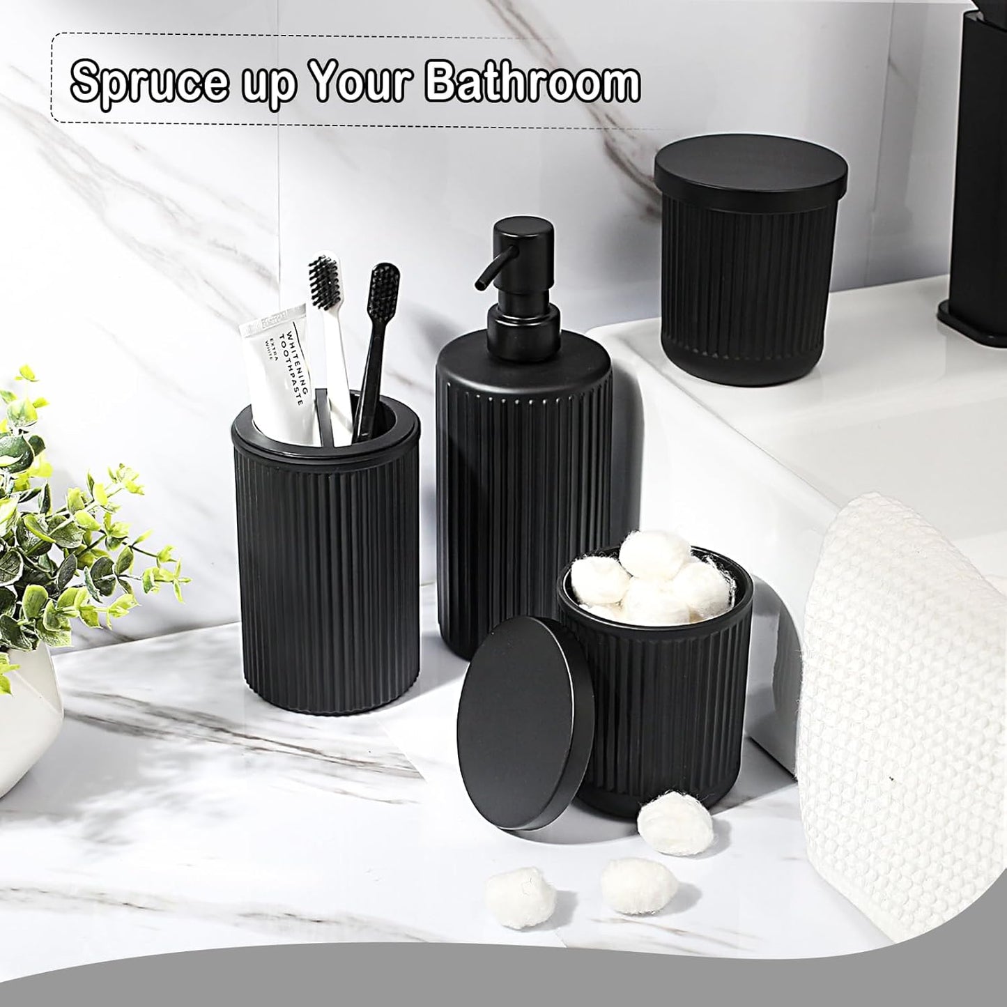 Matte Black Bathroom Accessories Set, 4 Pcs Glass Bathroom Accessory Set, Soap Dispenser, Toothbrush Holder, Qtip Holder Set, Bathroom Sets Complete, Bathroom Sink Set for Modern Home Decor