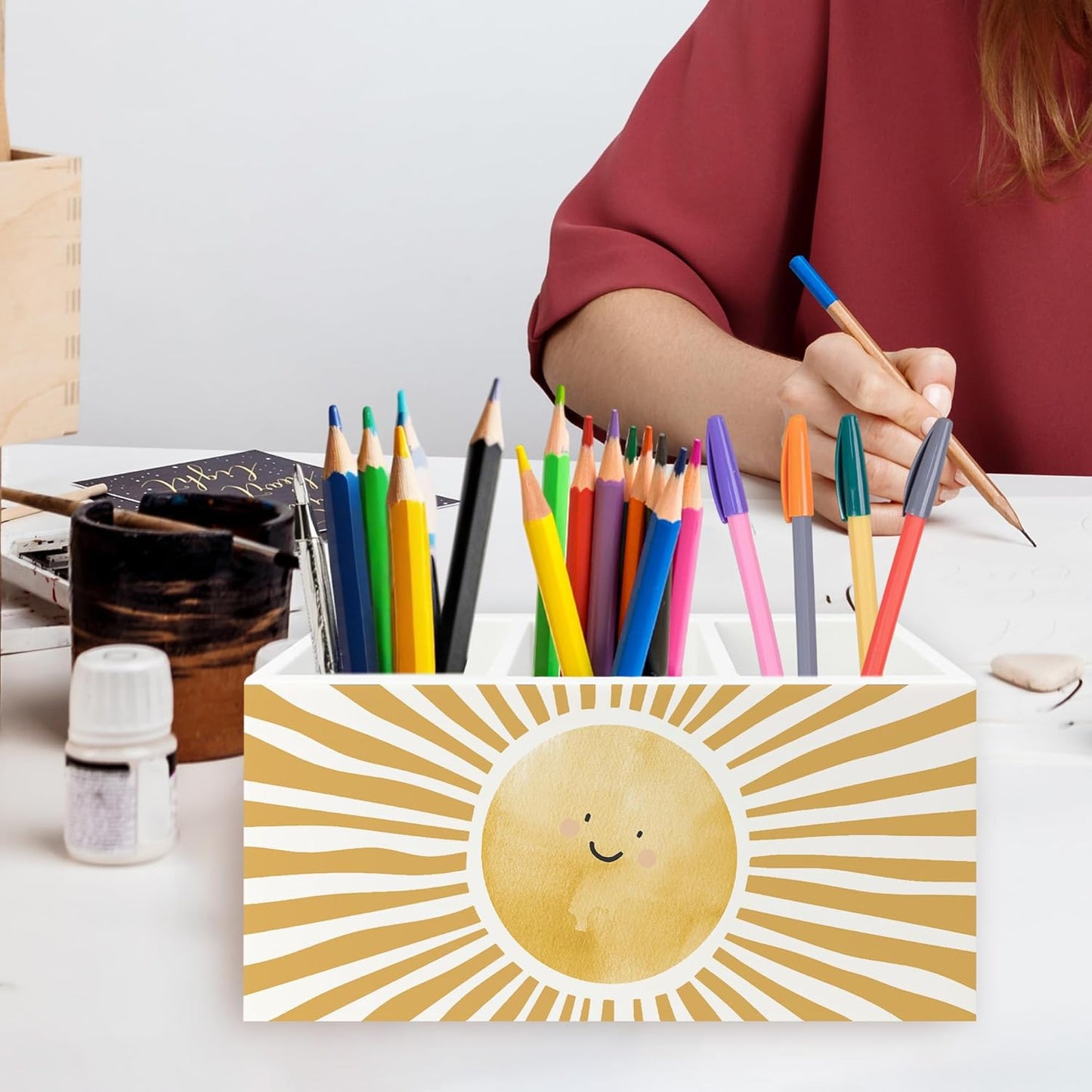 Boho Yellow Sunshine Pen Pencil Holder Organizer for Desk, Cute Smile Groovy Sun Sunshine Wooden Box Signs Decorations for Kids Room Home Classroom Desk Tabletop