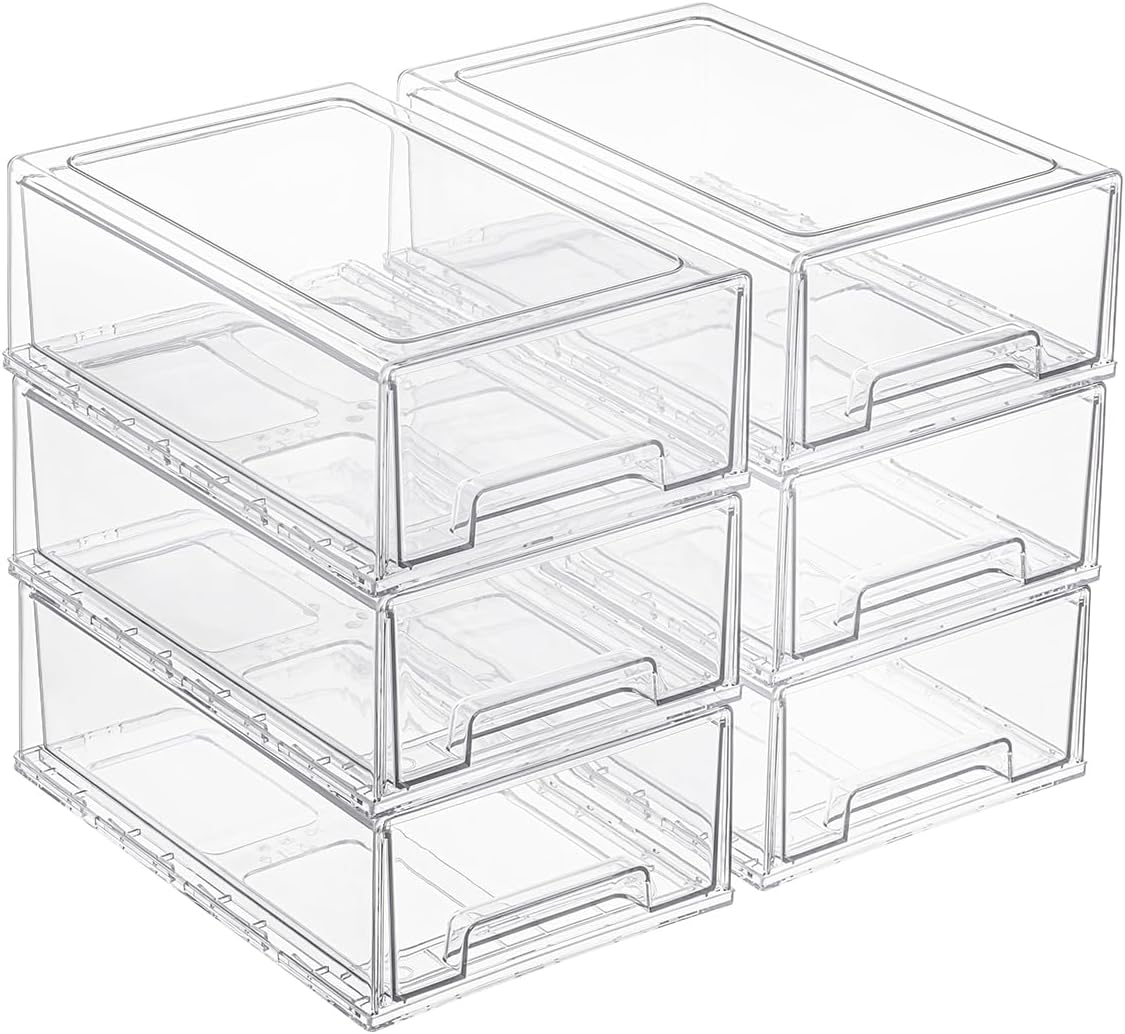 PeJeyiee 6 Pack Stackable Pull-Out Storage Drawers，Plastic Clear Organizer Bins with Handles，Easily Clean for Craft, and Toy Organization，Kitchen Undersink，Cabinet，Fridge，Closet，Pantry，Office，Bathroom