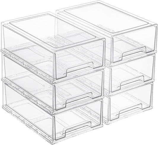 PeJeyiee 6 Pack Stackable Pull-Out Storage Drawers，Plastic Clear Organizer Bins with Handles，Easily Clean for Craft, and Toy Organization，Kitchen Undersink，Cabinet，Fridge，Closet，Pantry，Office，Bathroom