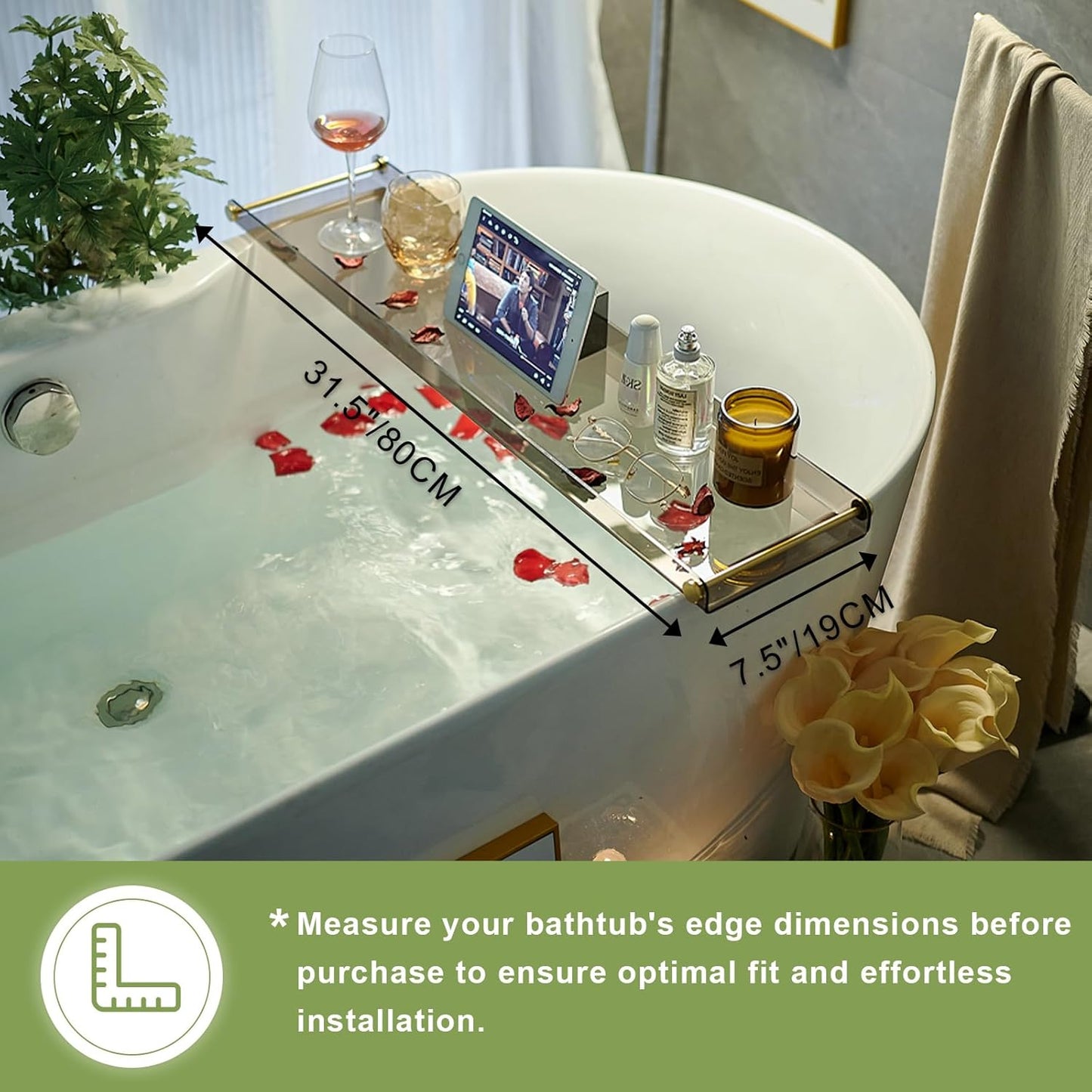 Acrylic Bathtub Tray Caddy, Clear Bath Shelf Tub Rack with Golden Handle, Luxury Bathroom Organizer Tablet Holder (Transparent Black) SHUNLI