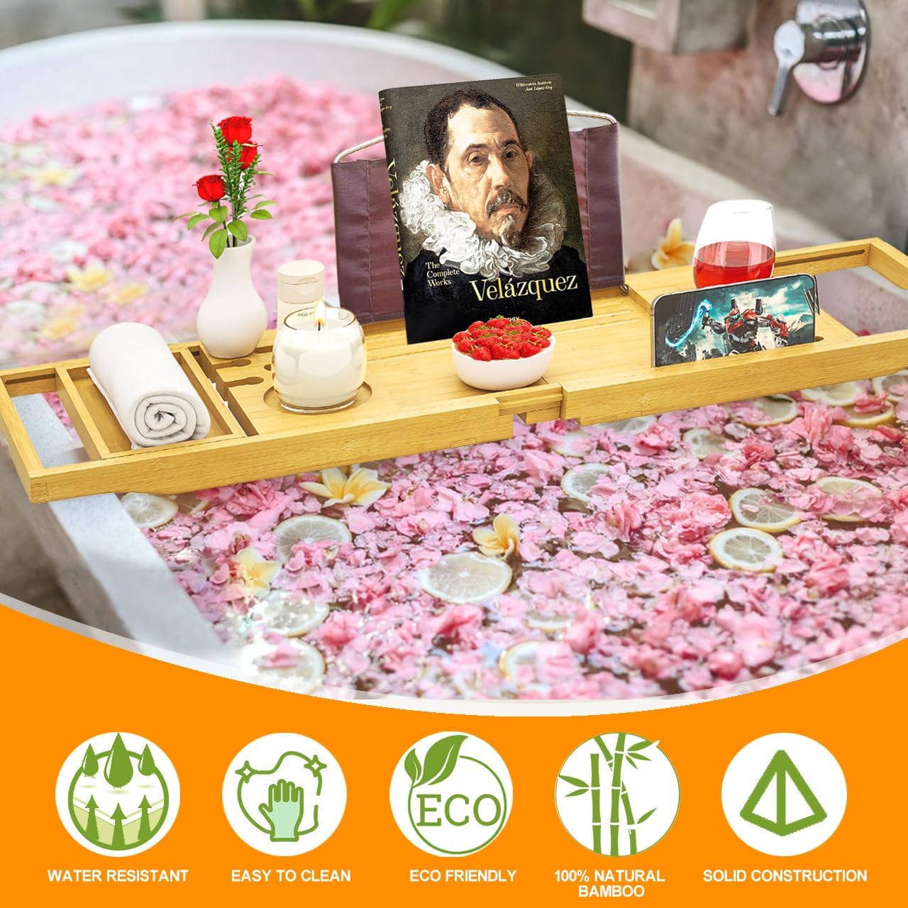 Premium Bathtub Tray Caddy - Bath Tray Expandable - Bath Tub Tray Table for Bathtub, Bamboo Wooden, Fits Most Bath Tubs