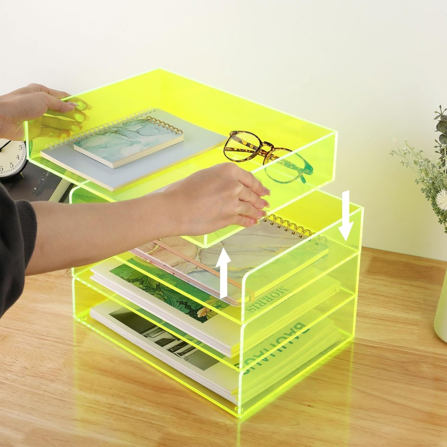 Acrylic File Organizer for Desk 4 Tiered Stackable Letter Tray Office Paper Storage Desktop Document Sorter, Neon Green
