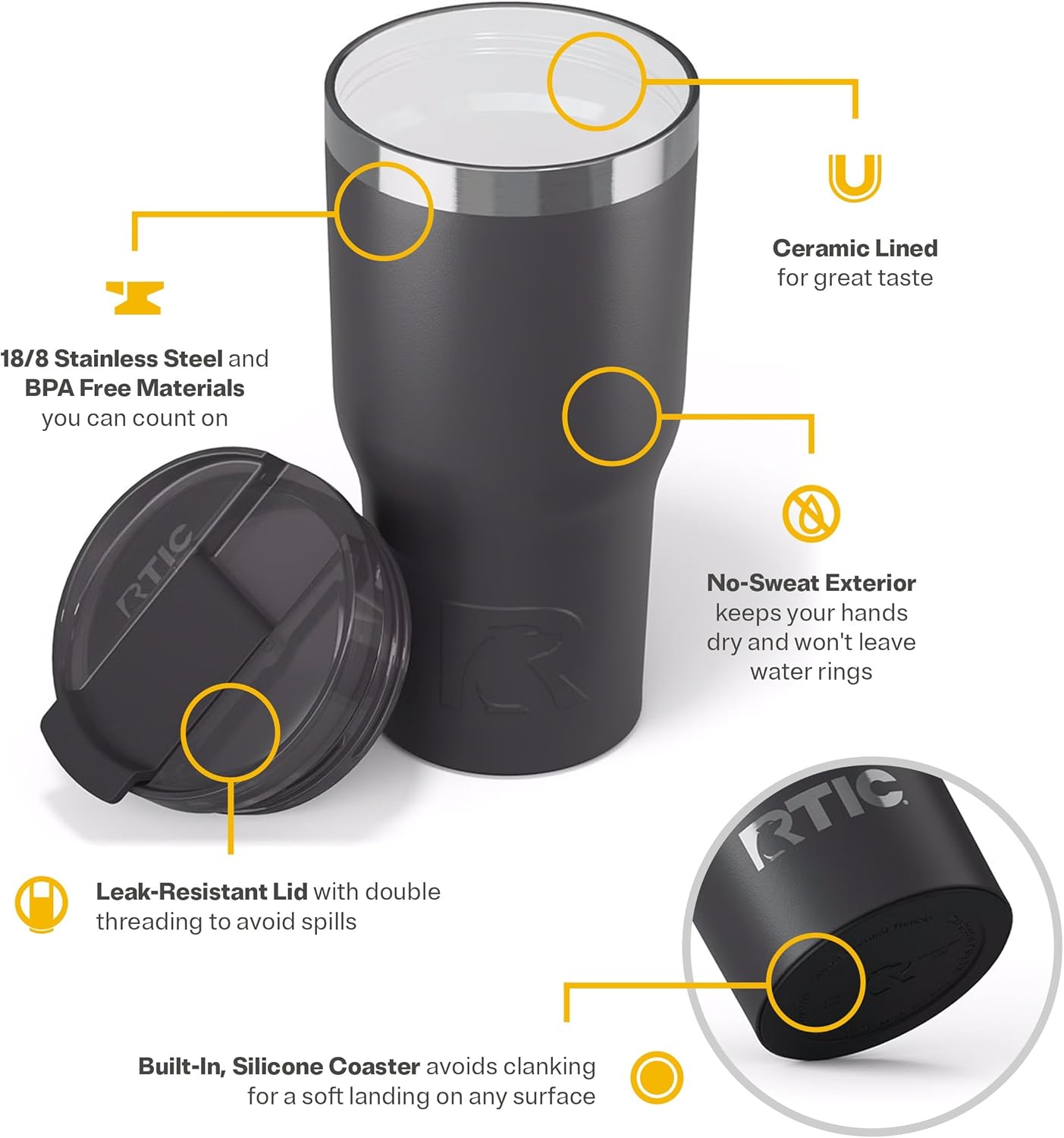 RTIC 20oz Essential Tumbler with Lid, Ceramic Lined, Insulated, Stainless Steel, Metal, Double Wall Vacuum-Insulation, Travel Cup for Iced Coffee, Tea, Hot and Cold Drink, Graphite