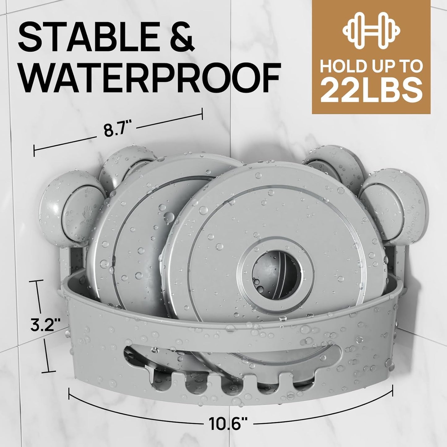 LEVERLOC Corner Shower Caddy Suction Cup, shower shelves suction cup, 2 Pack Basket Powerful Bathroom, Waterproof & Oil-proof Organizer for Kitchen, No-Drilling Removable (Grey)