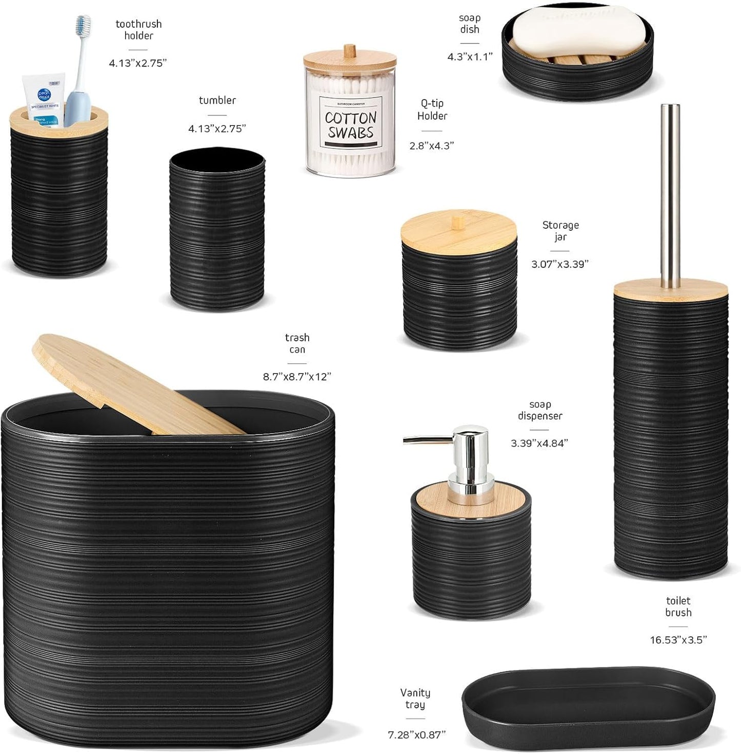 IMAVO Bathroom Accessory Set-11Pcs Black Bathroom Accessories Set with Trash Can,Soap Dispenser,Soap Dish,Toothbrush Holder,Toothbrush Cup,Toilet Brush Holder,Qtip Holder Dispenser with Labels