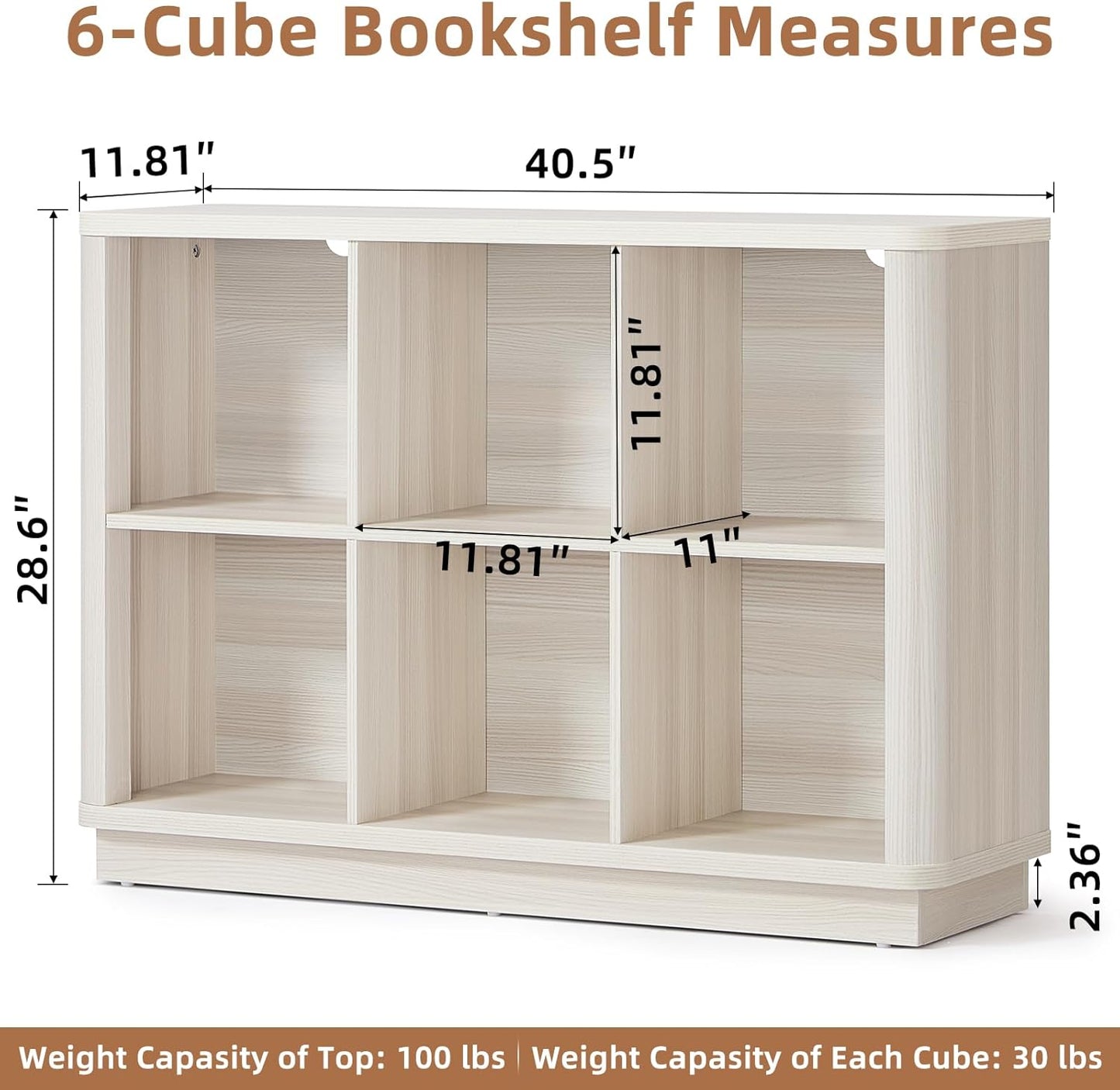 6 Cube Bookcase, 40" Wide Low Horizontal Book Shelf w/Curved Edge, Wood Floor Standing 2-Tier Bookshelf with Base, Modern Short Storage Cabinet Book Case for Bedroom, Office, White Cream Oak