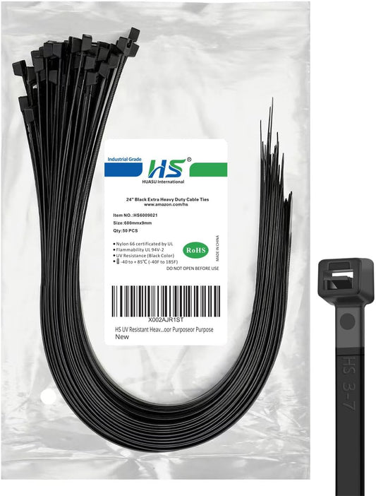 HS Extra Long Cable Zip Ties Heavy Duty 24 Inch, Strong Large Plastic ZipTies Big Straps 200 LBS UV Black 50 Pack,Outdoor Use