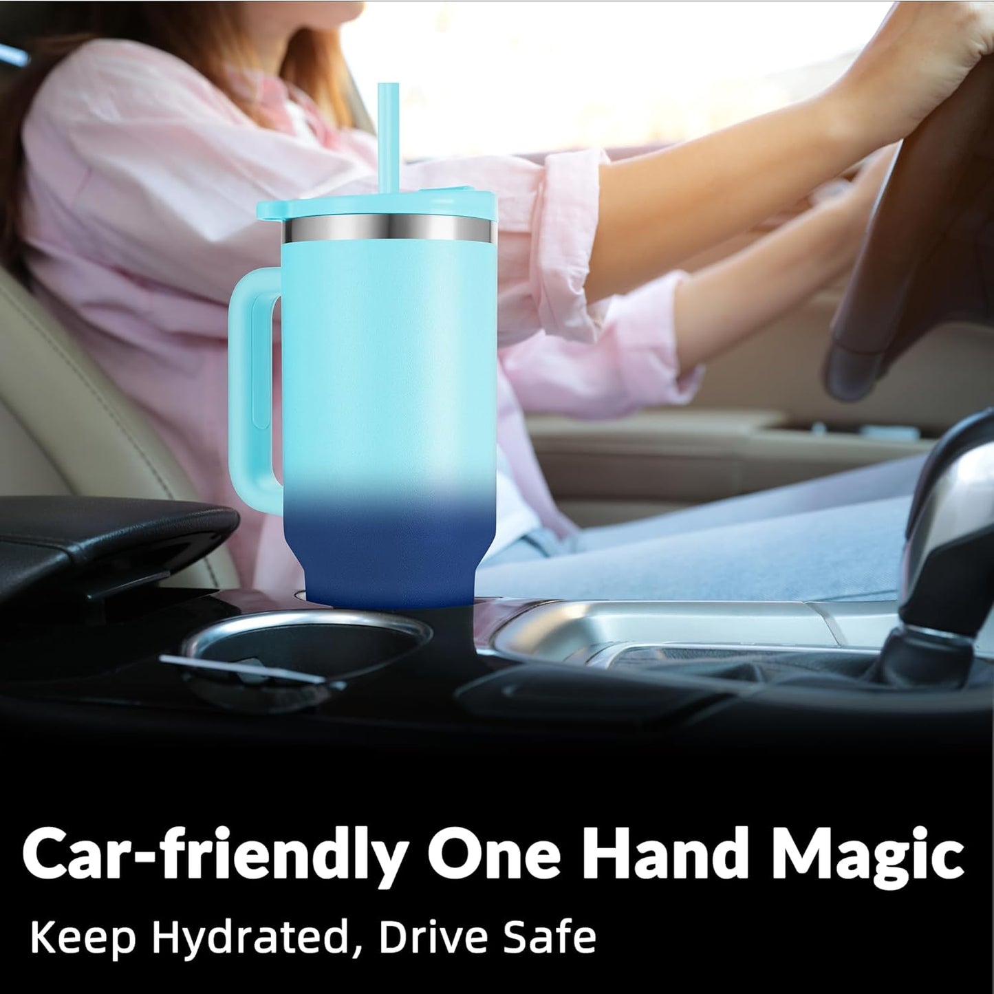 40oz Tumbler with Handle | Insulated Stainless Steel Travel Mug | 34Hrs Cold & 10Hrs Hot Retention | 100% Leakproof Lid & Straw | Dishwasher Safe + Car Cup Holder Fit (Light Dark Blue Gradient)