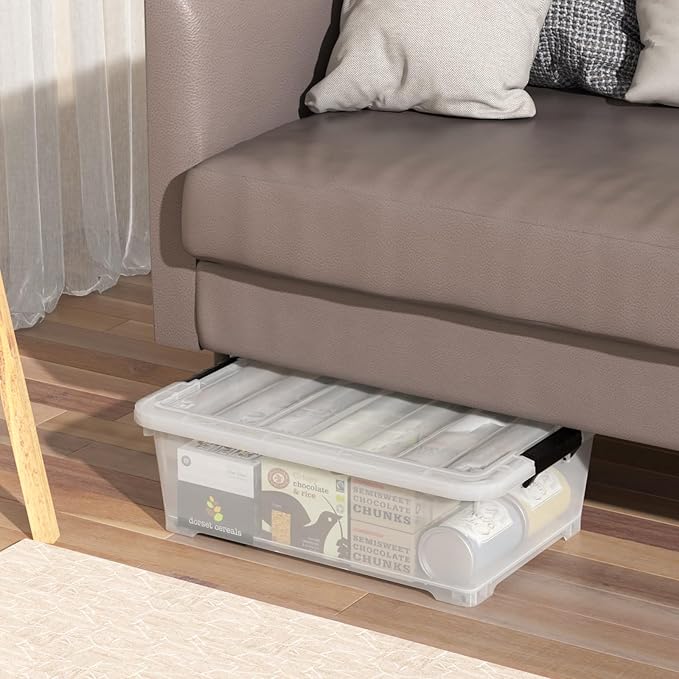 20 Quart Under Bed Plastic Latch Storage Totes with Wheels, Clear Underbed Storage Container, 4 Packs