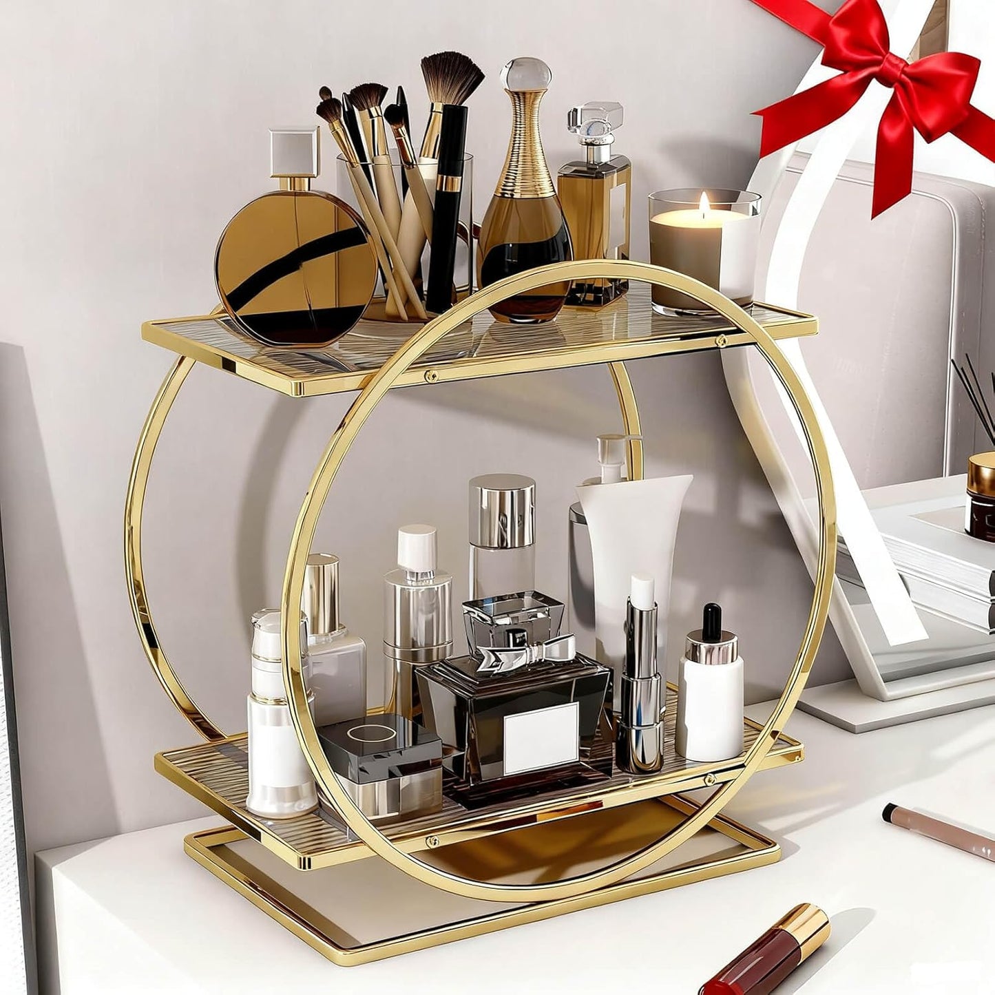 Perfume Organizer for Dresser, 2 Tier Bathroom Counter Organizers and Storage, Gold Makeup Organizer for Vanity, Bathroom Accessories & Decor, Skincare Perfume Trays Cosmetic Display Holder