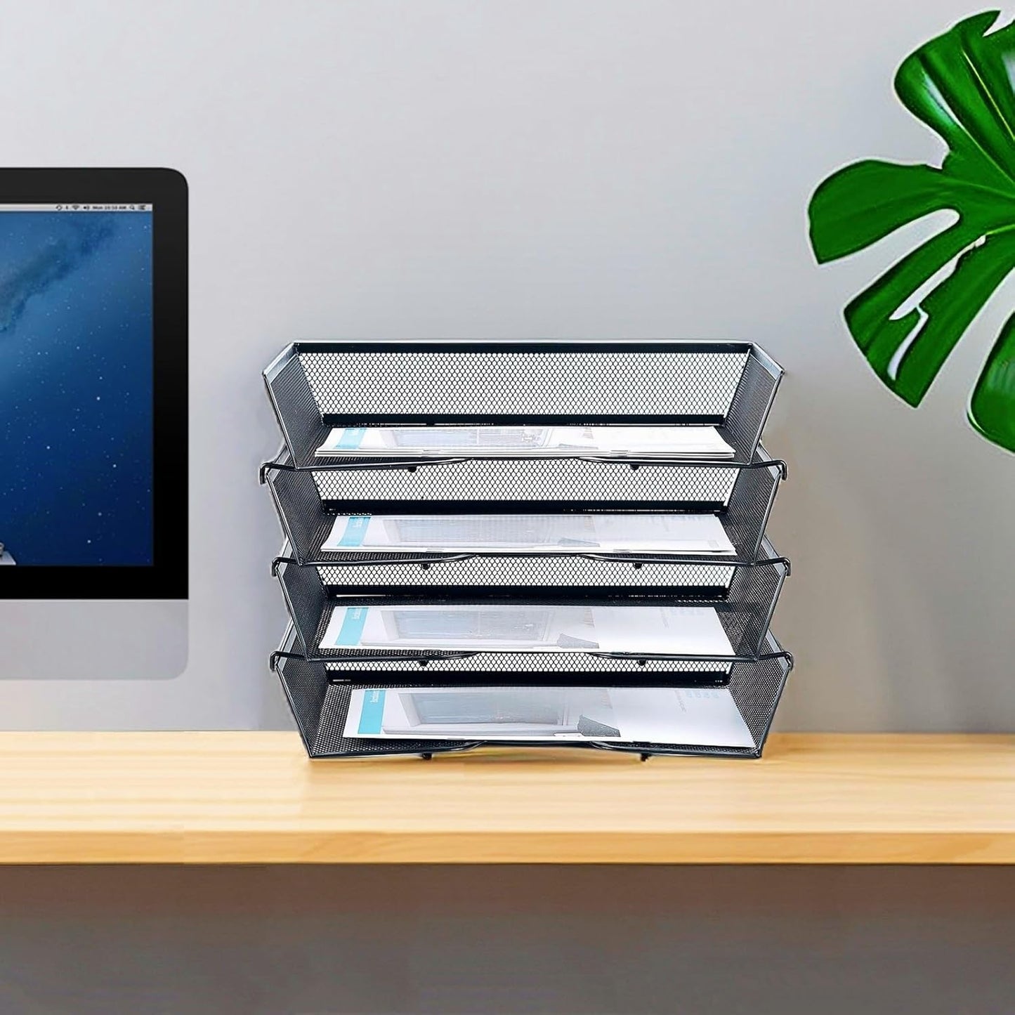 SETTFRFE 4 Tier Metal Mesh Desk Organizer-Stackable Letter Trays for Office Supplies,Black File Storage System with Reinforced Edges