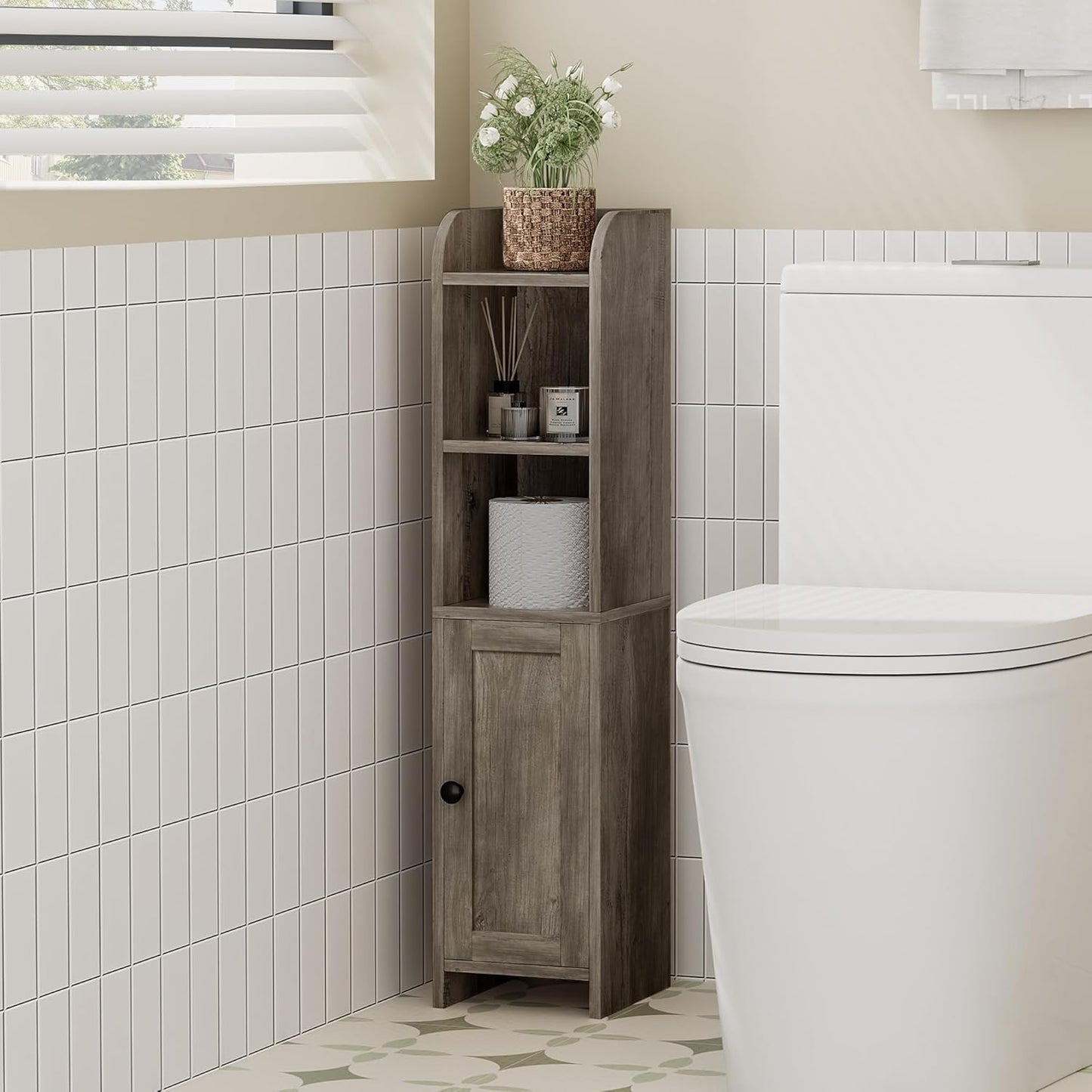 Homhedy Small Bathroom Storage Corner Floor Cabinet with Door and Shelves, Beside The Toilet Paper Stand for Skinny, Narrow Toilet Paper Cabinet, 7.9" D x 7.1" W x 31" H, Greige