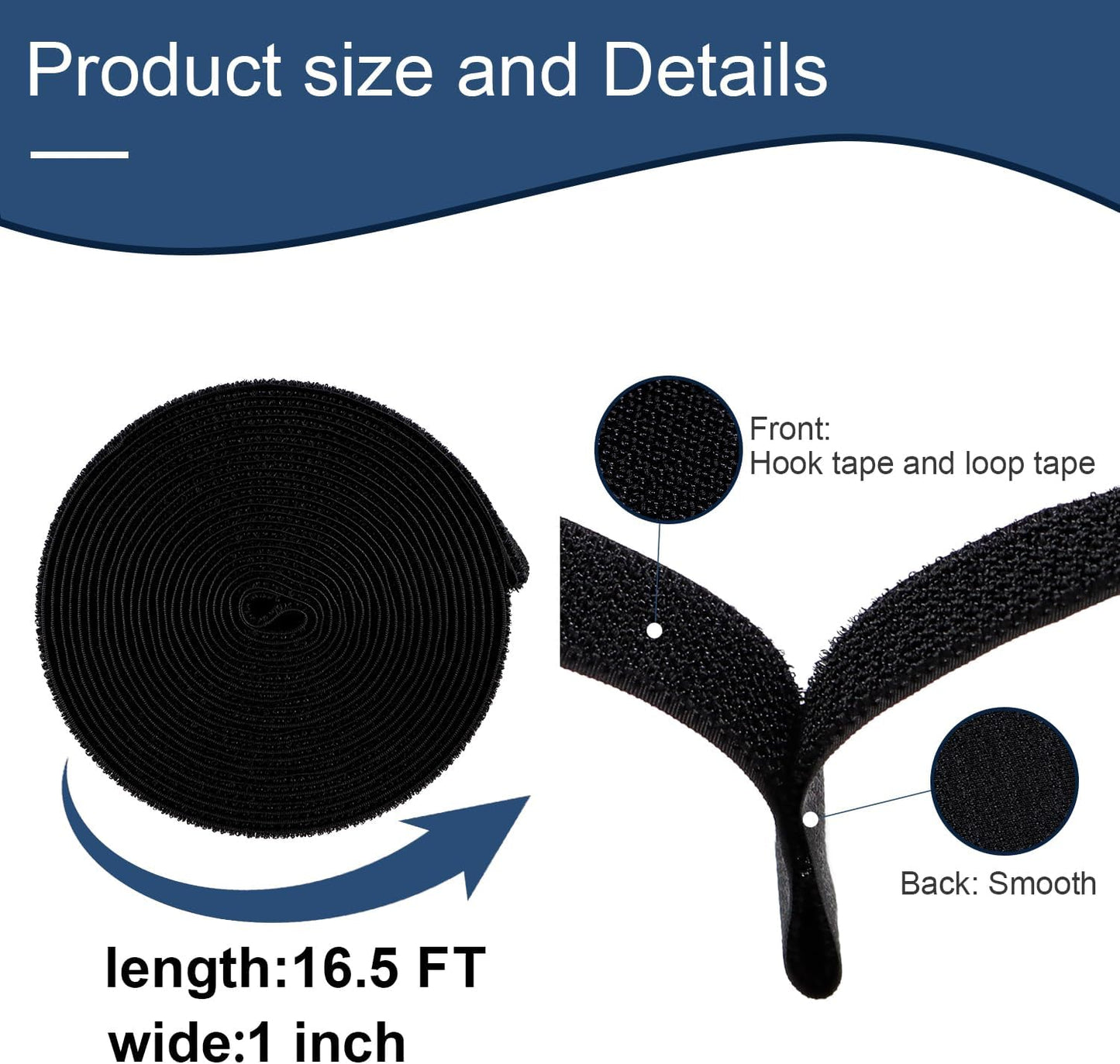 Hook and Loop Cable Straps 1" x 16.5 Ft with 24 Buckles Adjustable Fastening Reusable Nylon Securing Cord Cinch Strap Ties Free Cut for Cable Management RV Workshop DIY (Black)