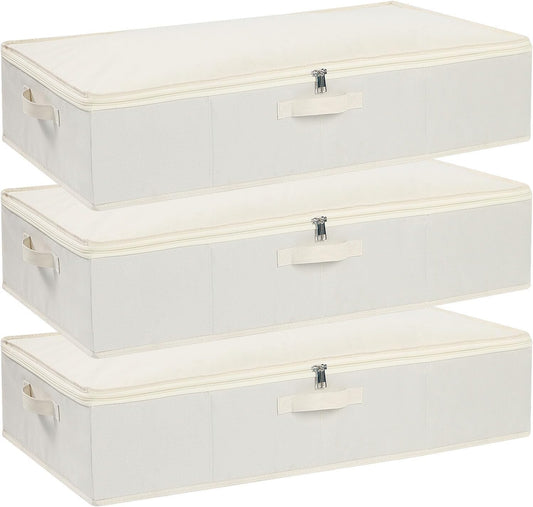 Under the Bed Storage Bins, Closet Organizers with Reinforced Handles for Blanket, Sheets, Pillows, Towels, Shoes, Beige, 3 Pack, 23.6 x 11.8 x 5.9 Inch