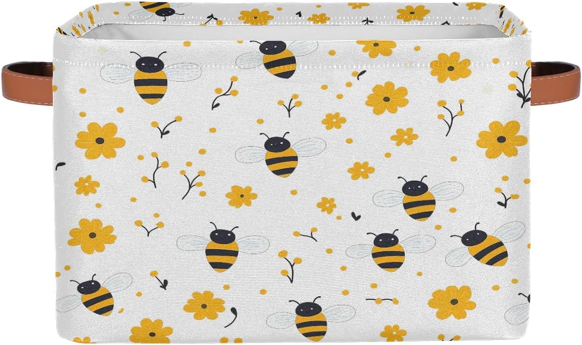 Bee Storage Basket for Shelves, Storage Bins with Handles, Collapsible Basket for Organizing, Closet Toy Baskets for Nursery Room, 15x11x9.5 in, Canvas, Yellow Bee