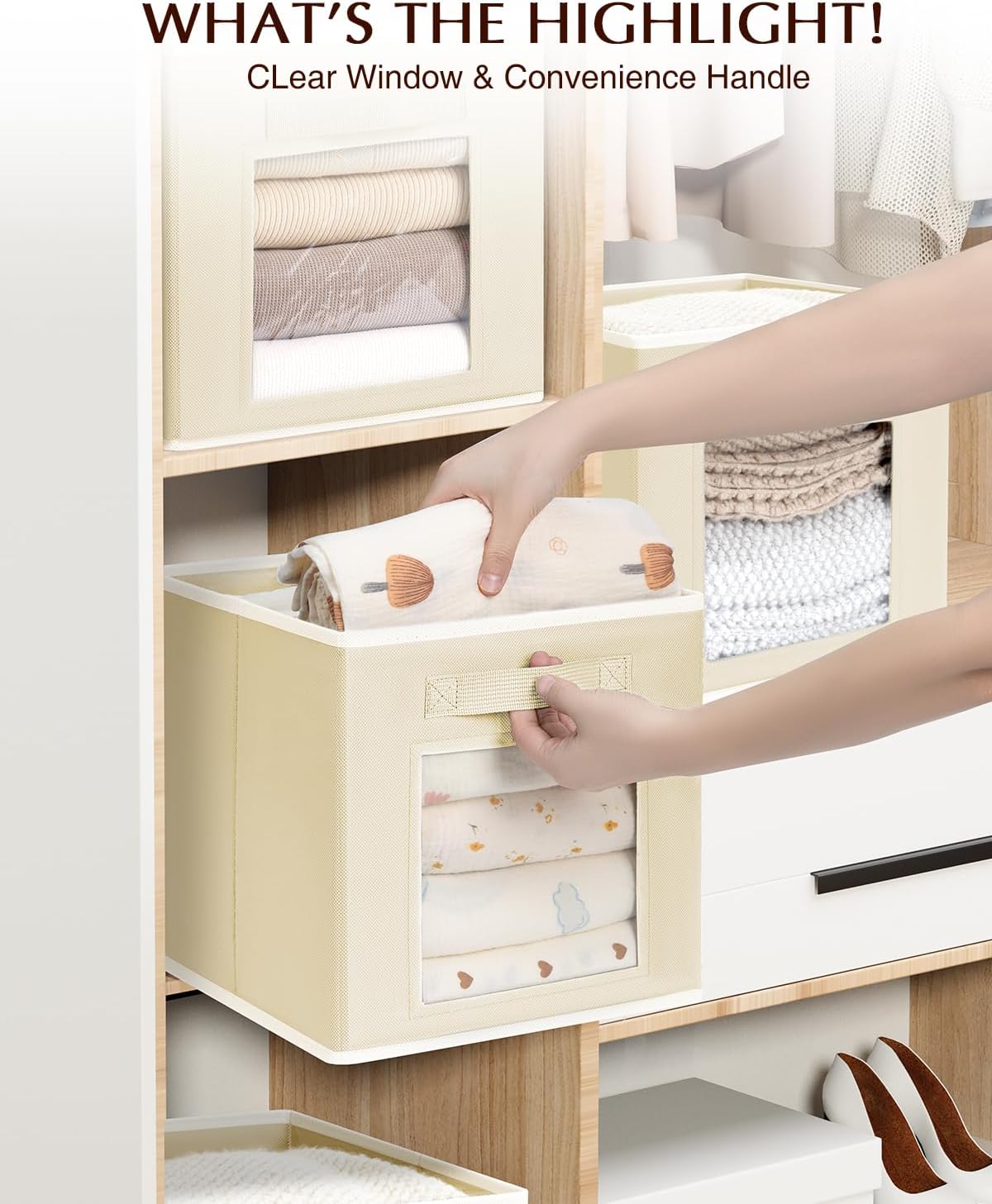 Foldable Storage Cubes - Cubby Storage Organizer with Window, Decorative Baskets for Organizing, Fabric Bins for Clothes Storage, Closet Storage Cubes-11inch, Set of 12, Beige