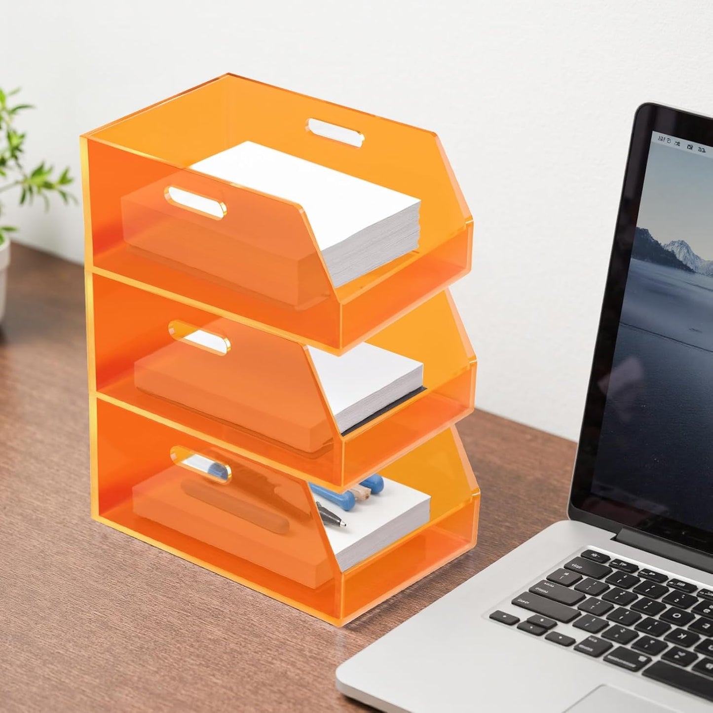 Gelite Stackable Storage Bin Organizer with Handles Acrylic Storage Container for Toy Pantry Kitchen Cabinet Bathroom Closet Office Organization, 11.4x7.5x5.1'', Neon Orange